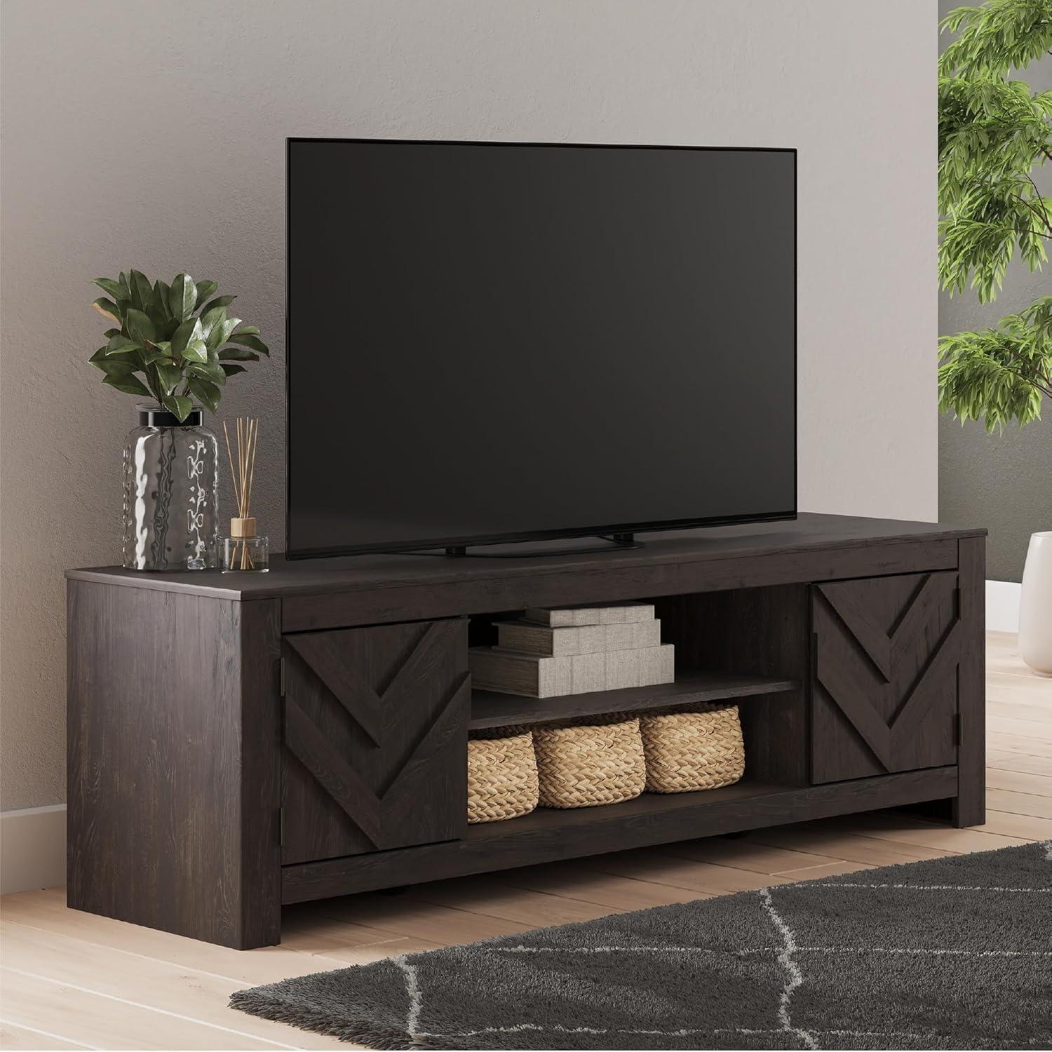 imageSignature Design by Ashley Cayboni Casual 71quot TV Stand for TVs up to 81quot with 2 Cabinets Adjustable Shelves and Fireplace Option Black