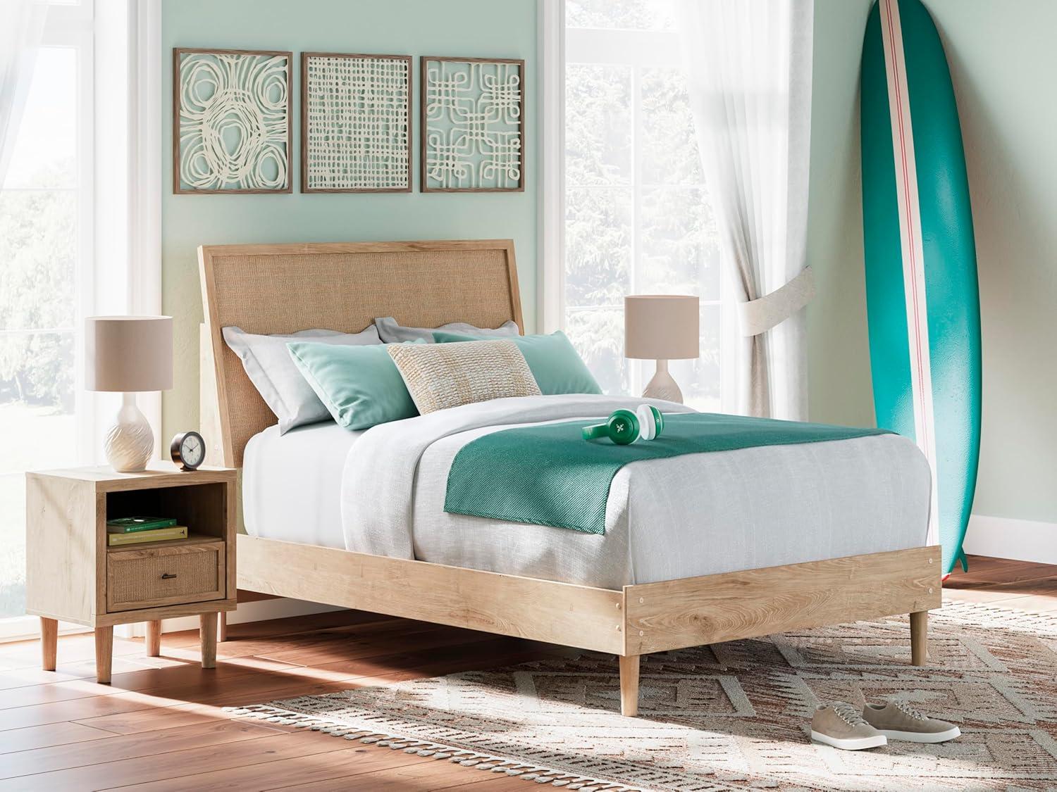 imageSignature Design by Ashley Cielden Farmhouse Queen Panel Platform Bed Foundation or Box Spring Not Needed Light BrownBeige