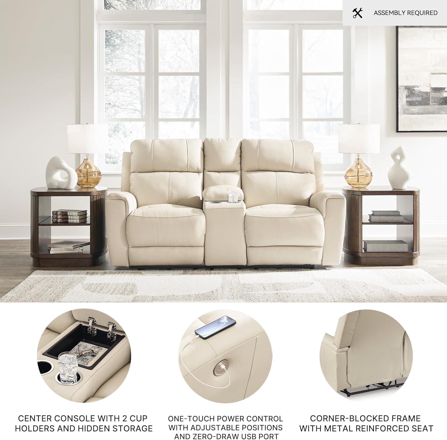 imageSignature Design by Ashley Dahlmoore Modern Leather Match Power Reclining Sofa with USB Ports BeigePower Reclining Loveseat with Console