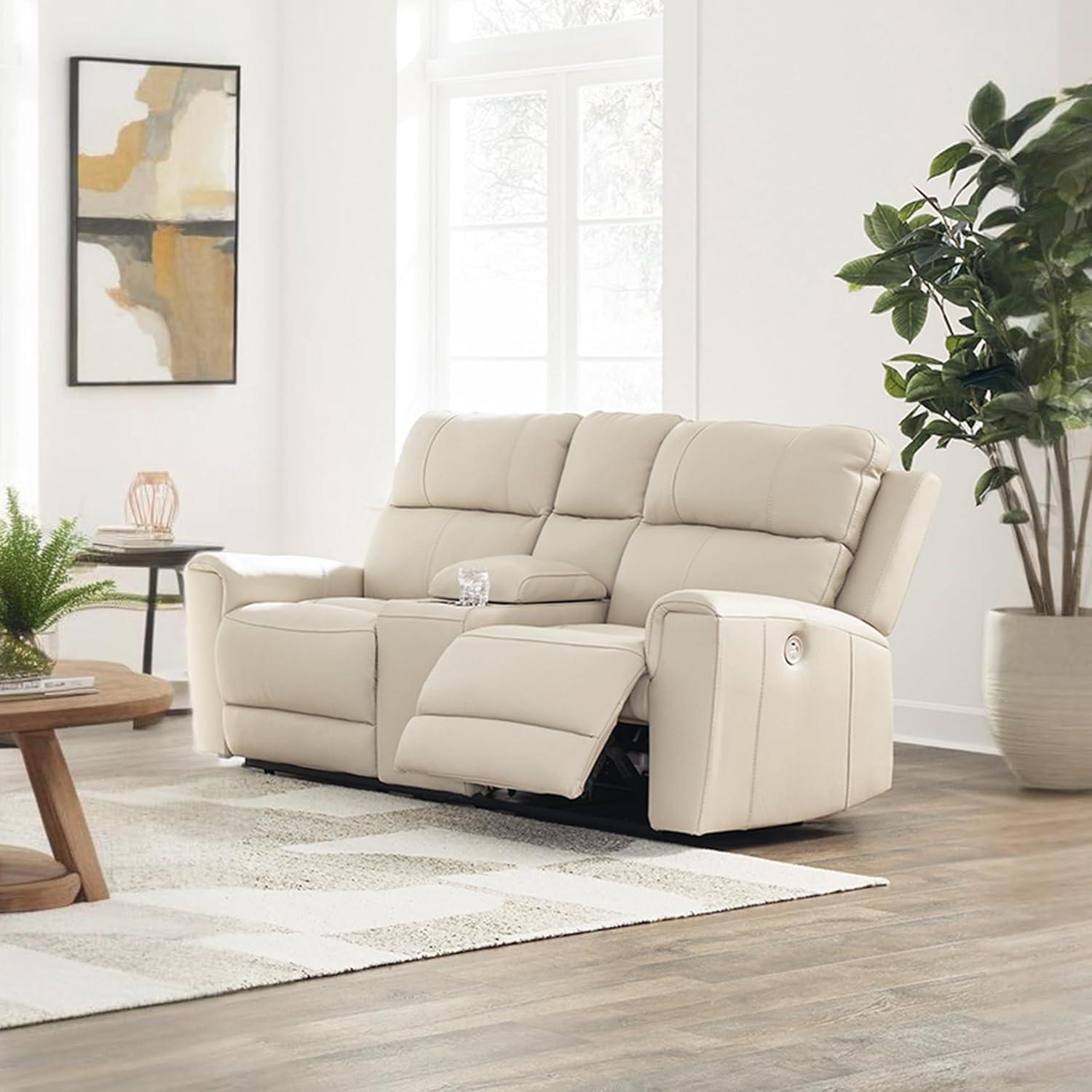 imageSignature Design by Ashley Dahlmoore Modern Leather Match Power Reclining Sofa with USB Ports BeigePower Reclining Loveseat with Console