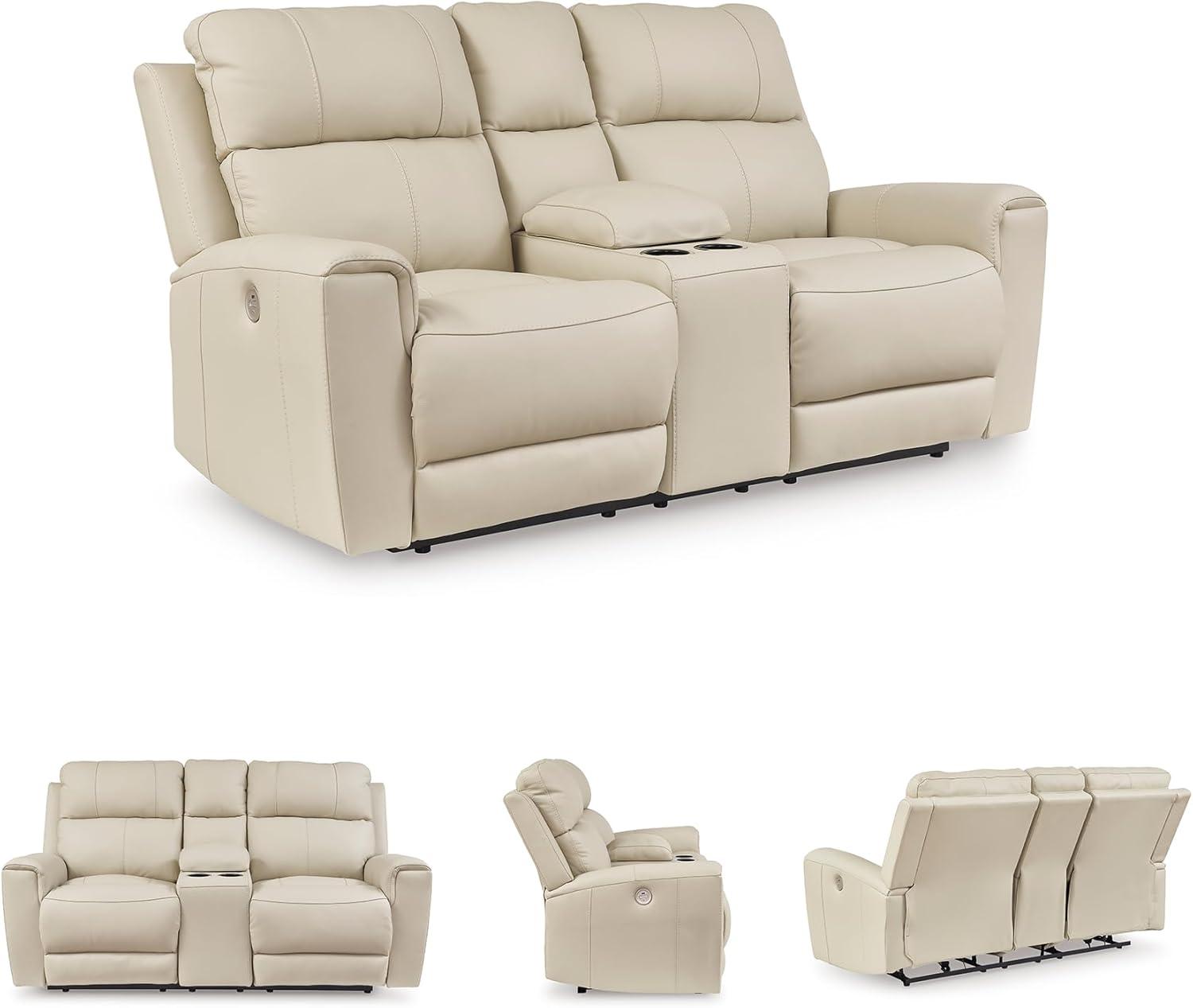 imageSignature Design by Ashley Dahlmoore Modern Leather Match Power Reclining Sofa with USB Ports BeigePower Reclining Loveseat with Console