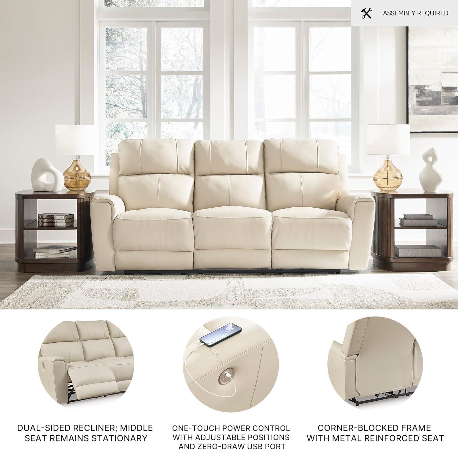 imageSignature Design by Ashley Dahlmoore Modern Leather Match Power Reclining Sofa with USB Ports BeigePower Reclining Sofa