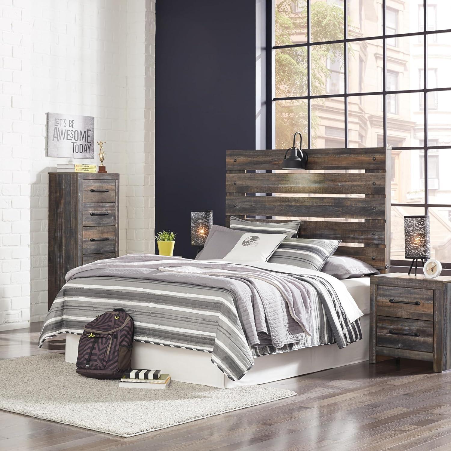 imageSignature Design by Ashley Drystan Rustic Queen Panel Bed Sconce LED Lights USB Ports and Nailheads Foundation or Box Spring Needed Dark Brown ampamp GrayFull