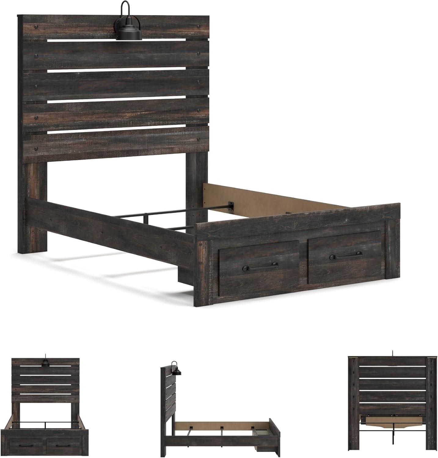 imageSignature Design by Ashley Drystan Rustic Queen Panel Bed Sconce LED Lights USB Ports and Nailheads Foundation or Box Spring Needed Dark Brown ampamp GrayFull