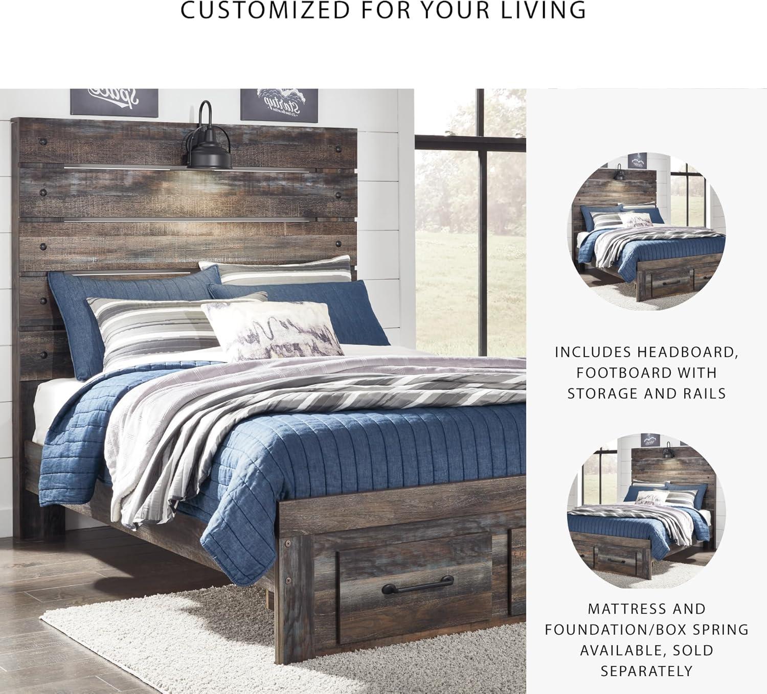 imageSignature Design by Ashley Drystan Rustic Queen Panel Bed Sconce LED Lights USB Ports and Nailheads Foundation or Box Spring Needed Dark Brown ampamp GrayFull