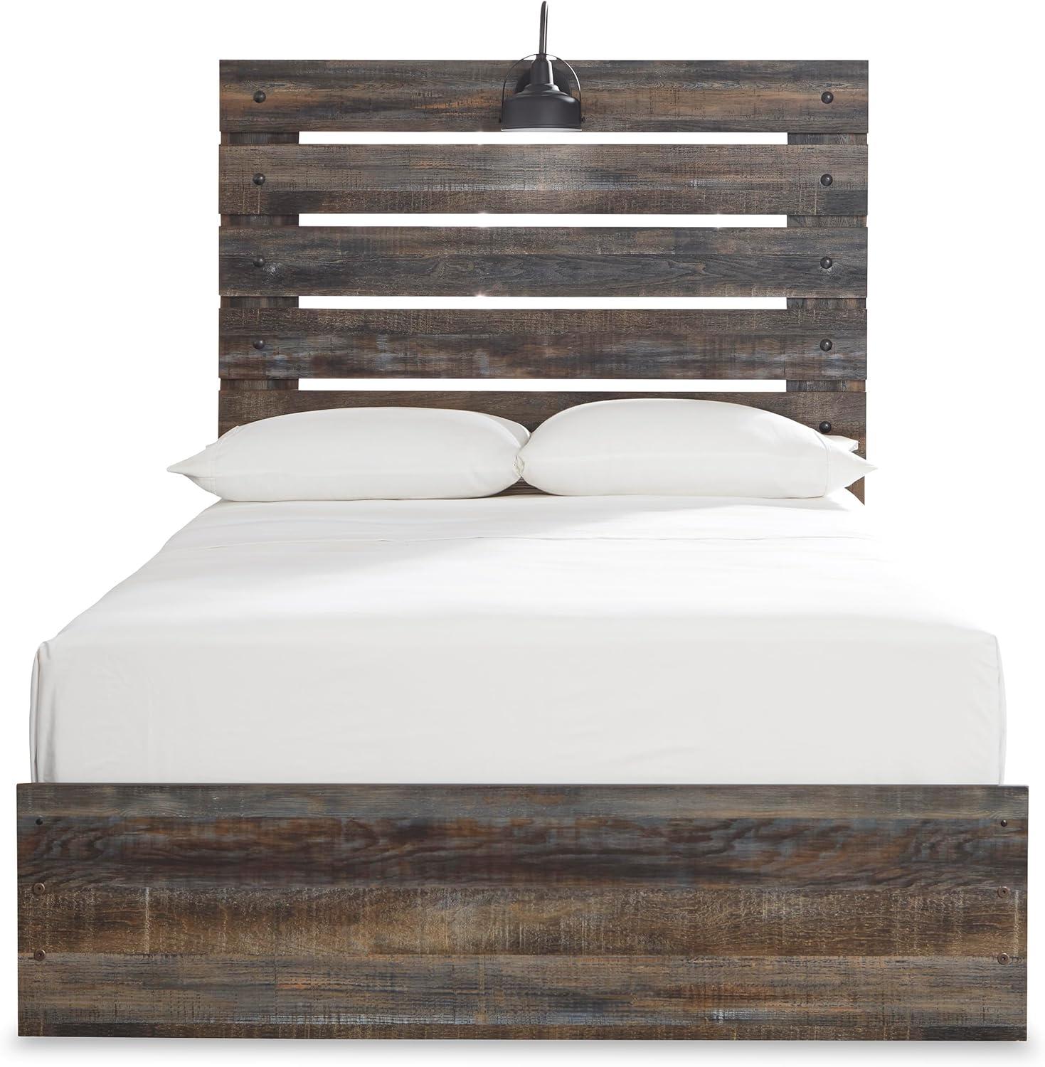 imageSignature Design by Ashley Drystan Rustic Queen Panel Bed Sconce LED Lights USB Ports and Nailheads Foundation or Box Spring Needed Dark Brown ampamp GrayFull