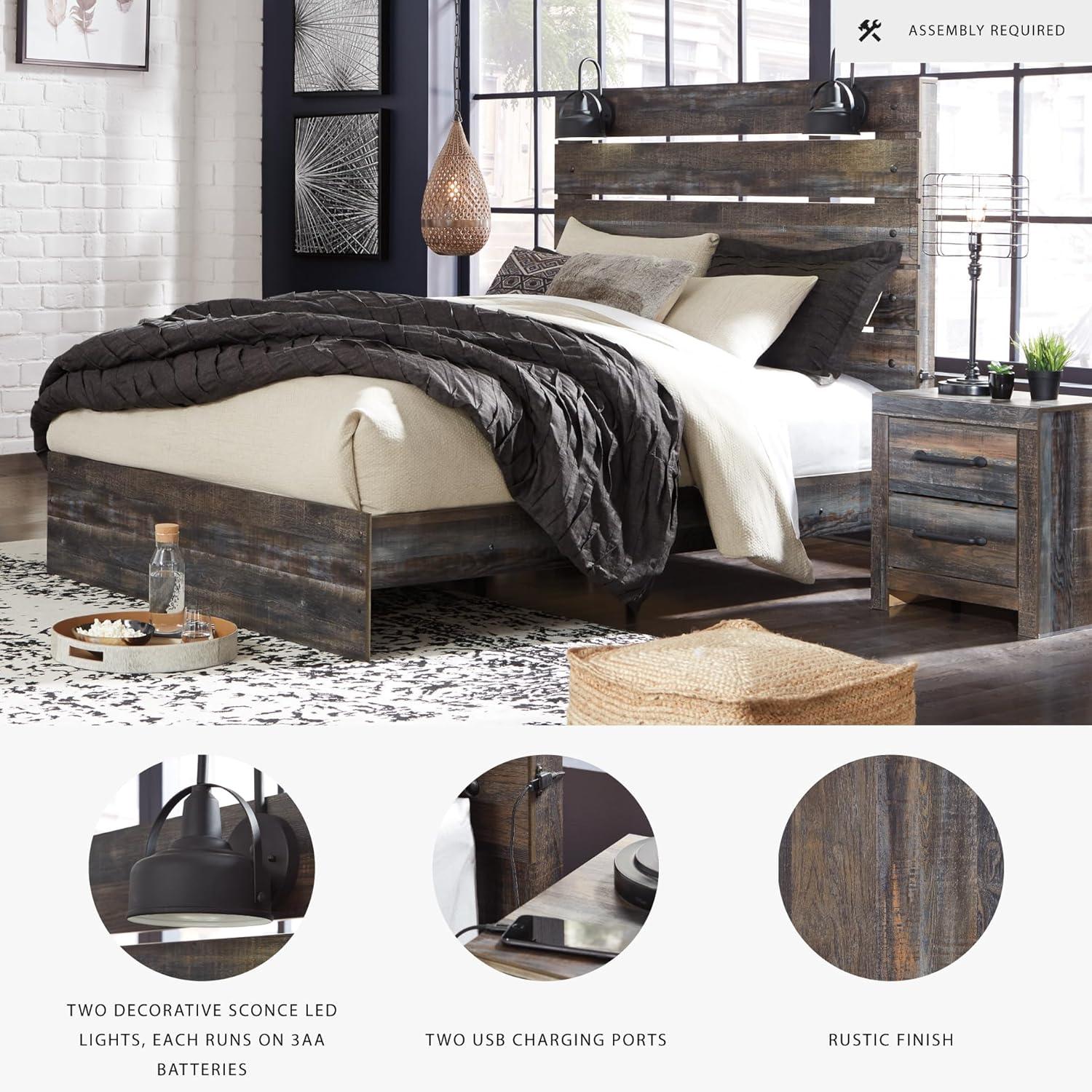 imageSignature Design by Ashley Drystan Rustic Queen Panel Bed Sconce LED Lights USB Ports and Nailheads Foundation or Box Spring Needed Dark Brown ampamp GrayQueen