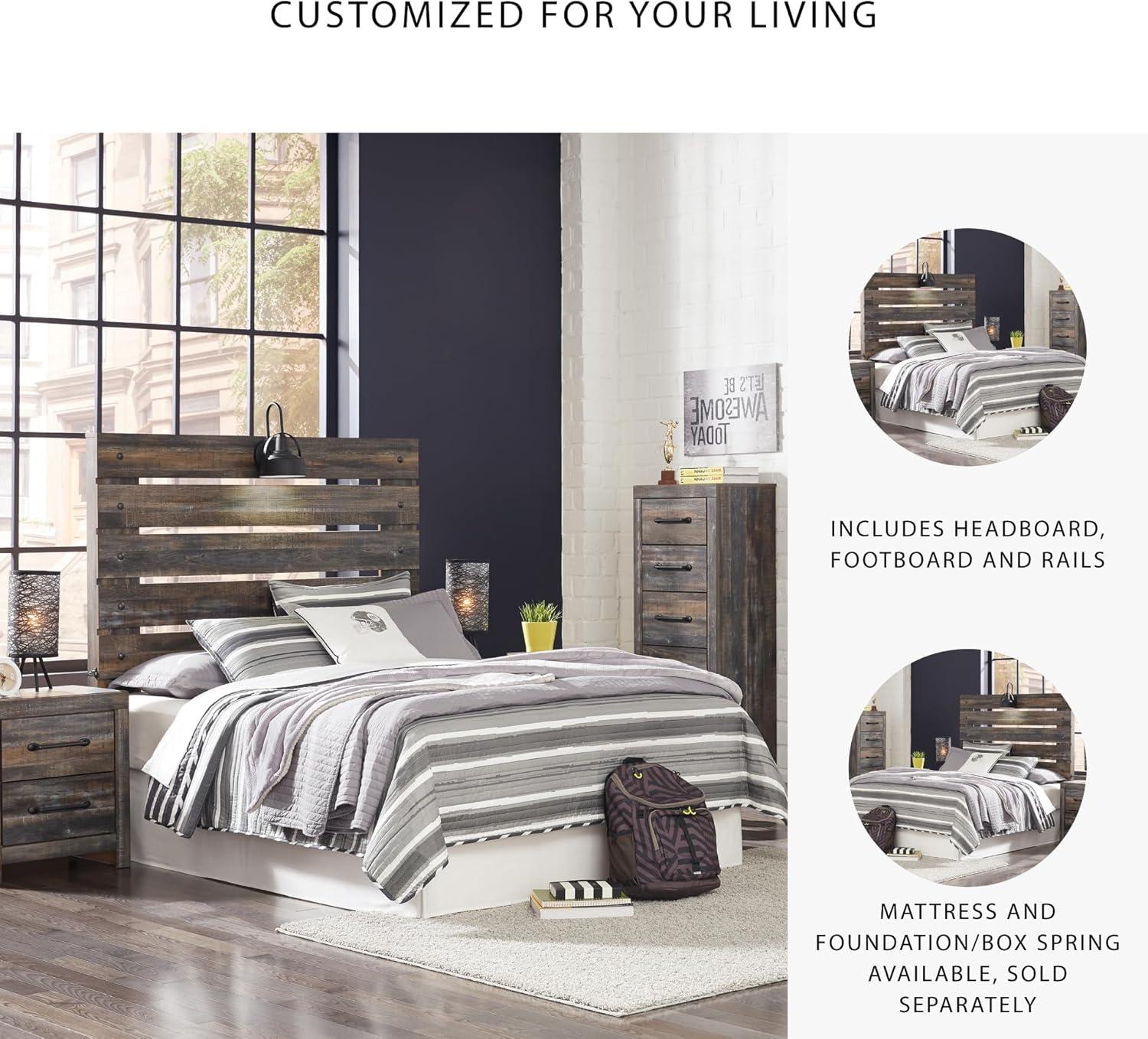 imageSignature Design by Ashley Drystan Rustic Queen Panel Bed Sconce LED Lights USB Ports and Nailheads Foundation or Box Spring Needed Dark Brown ampamp GrayFull