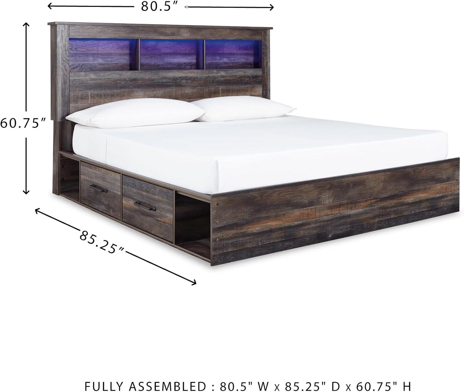 imageSignature Design by Ashley Drystan Rustic Queen Panel Bed Sconce LED Lights USB Ports and Nailheads Foundation or Box Spring Needed Dark Brown ampamp GrayKing