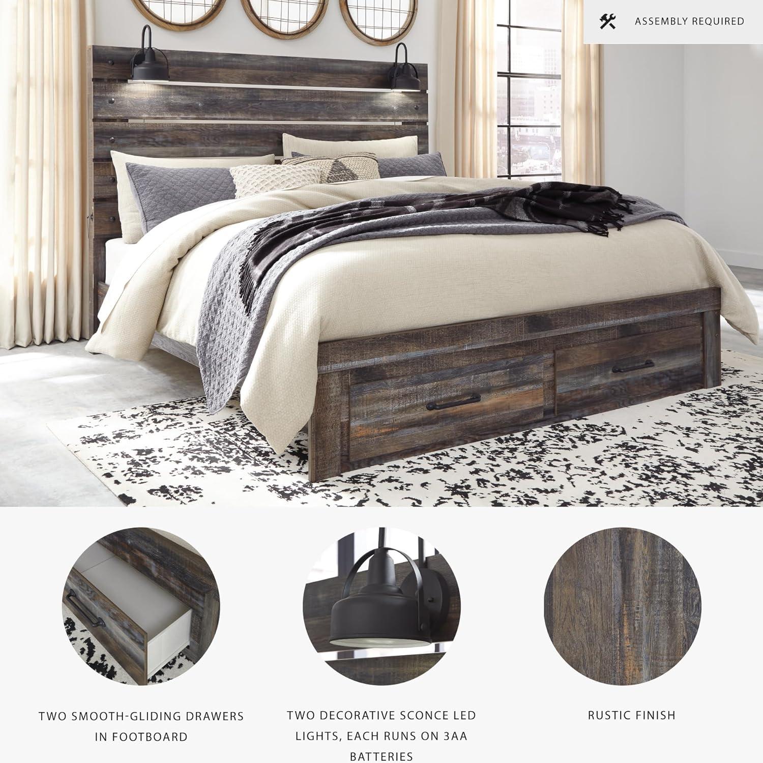 imageSignature Design by Ashley Drystan Rustic Queen Panel Bed Sconce LED Lights USB Ports and Nailheads Foundation or Box Spring Needed Dark Brown ampamp GrayKing