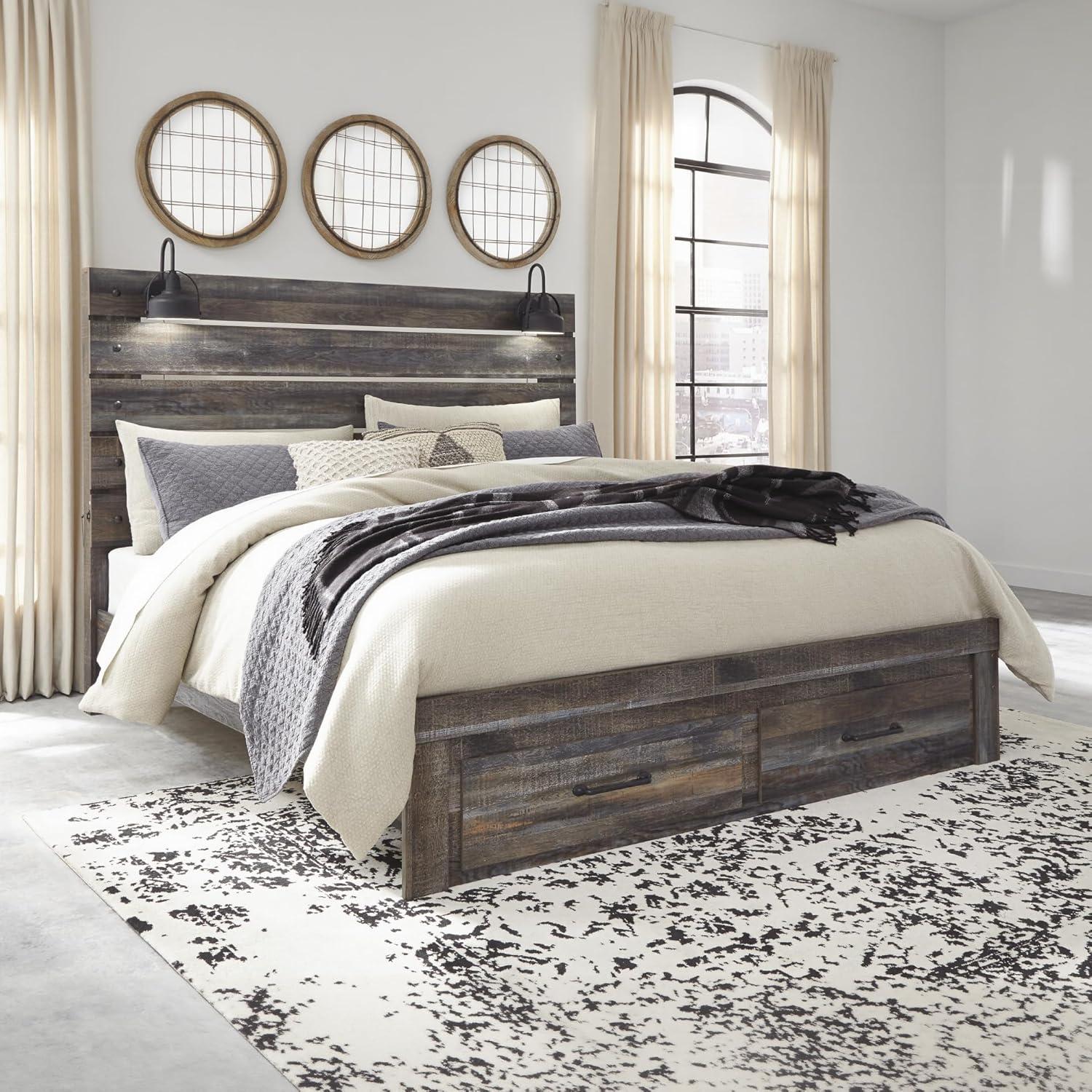 imageSignature Design by Ashley Drystan Rustic Queen Panel Bed Sconce LED Lights USB Ports and Nailheads Foundation or Box Spring Needed Dark Brown ampamp GrayKing