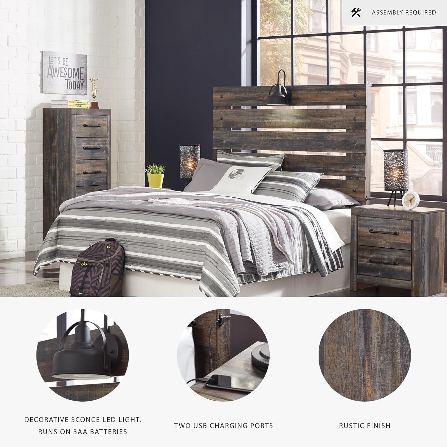 imageSignature Design by Ashley Drystan Rustic Queen Panel Bed Sconce LED Lights USB Ports and Nailheads Foundation or Box Spring Needed Dark Brown ampamp GrayFull