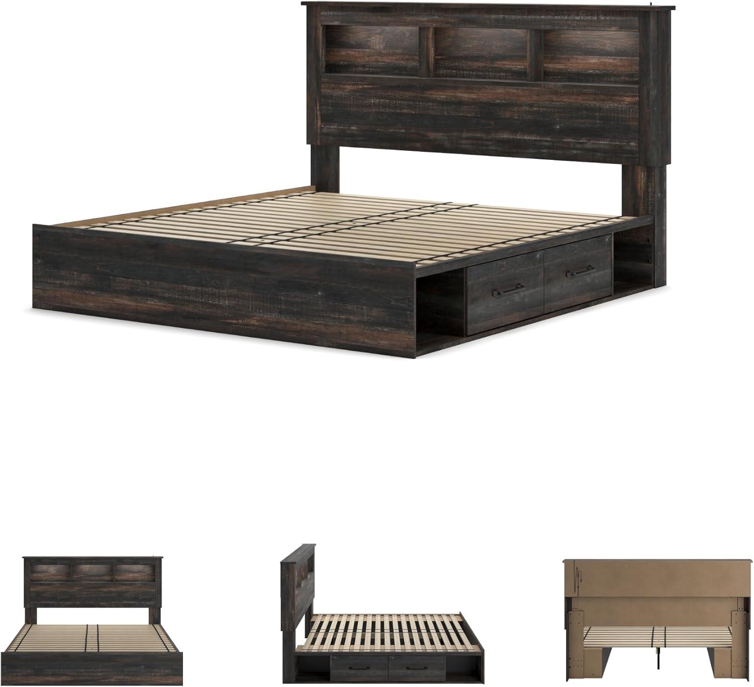 imageSignature Design by Ashley Drystan Rustic Queen Panel Bed Sconce LED Lights USB Ports and Nailheads Foundation or Box Spring Needed Dark Brown ampamp GrayKing