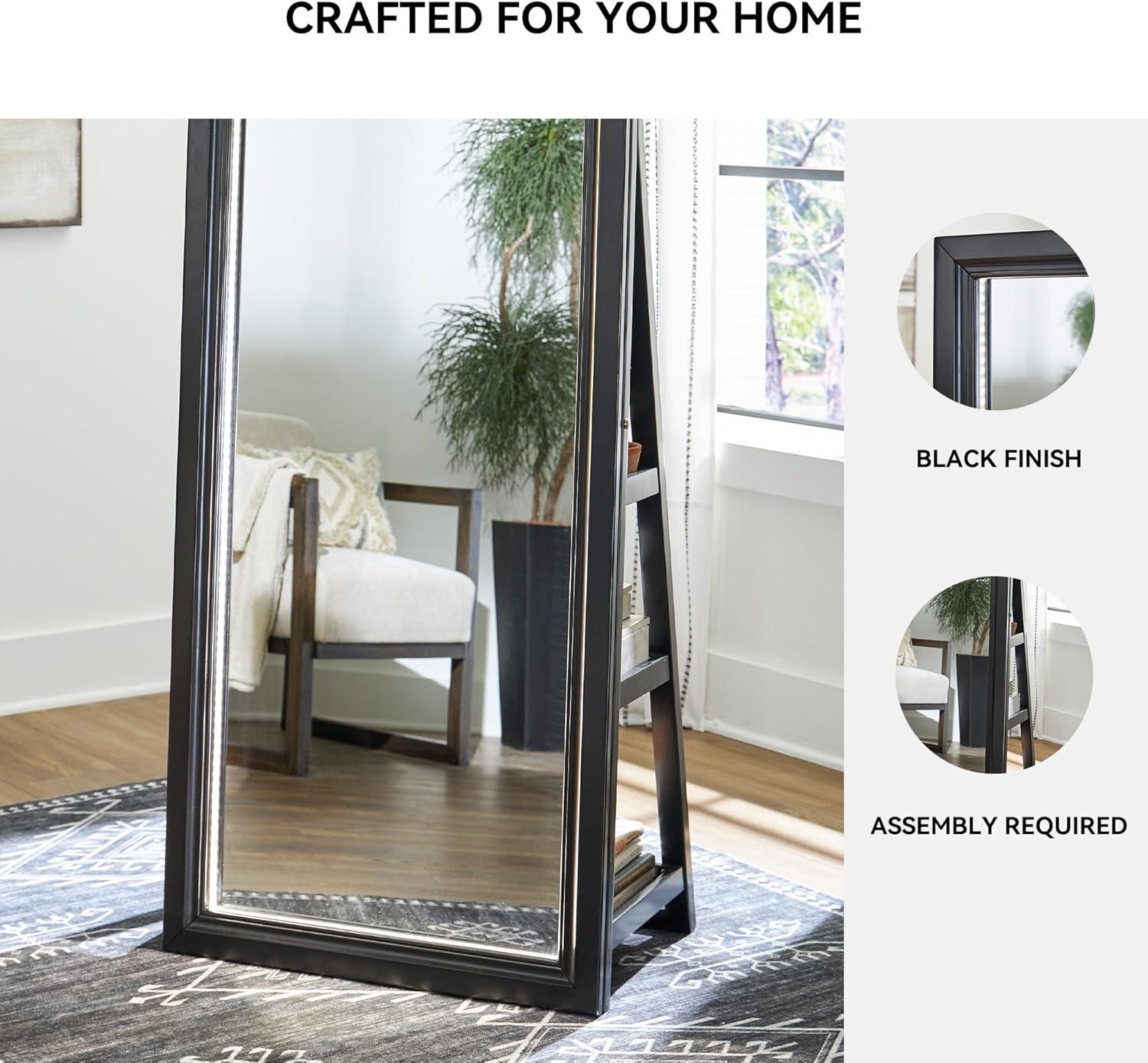 imageSignature Design by Ashley Evesen Modern Full Length Thick Framed Floor Standing Mirror with LED Lights and 3 Shelves Black