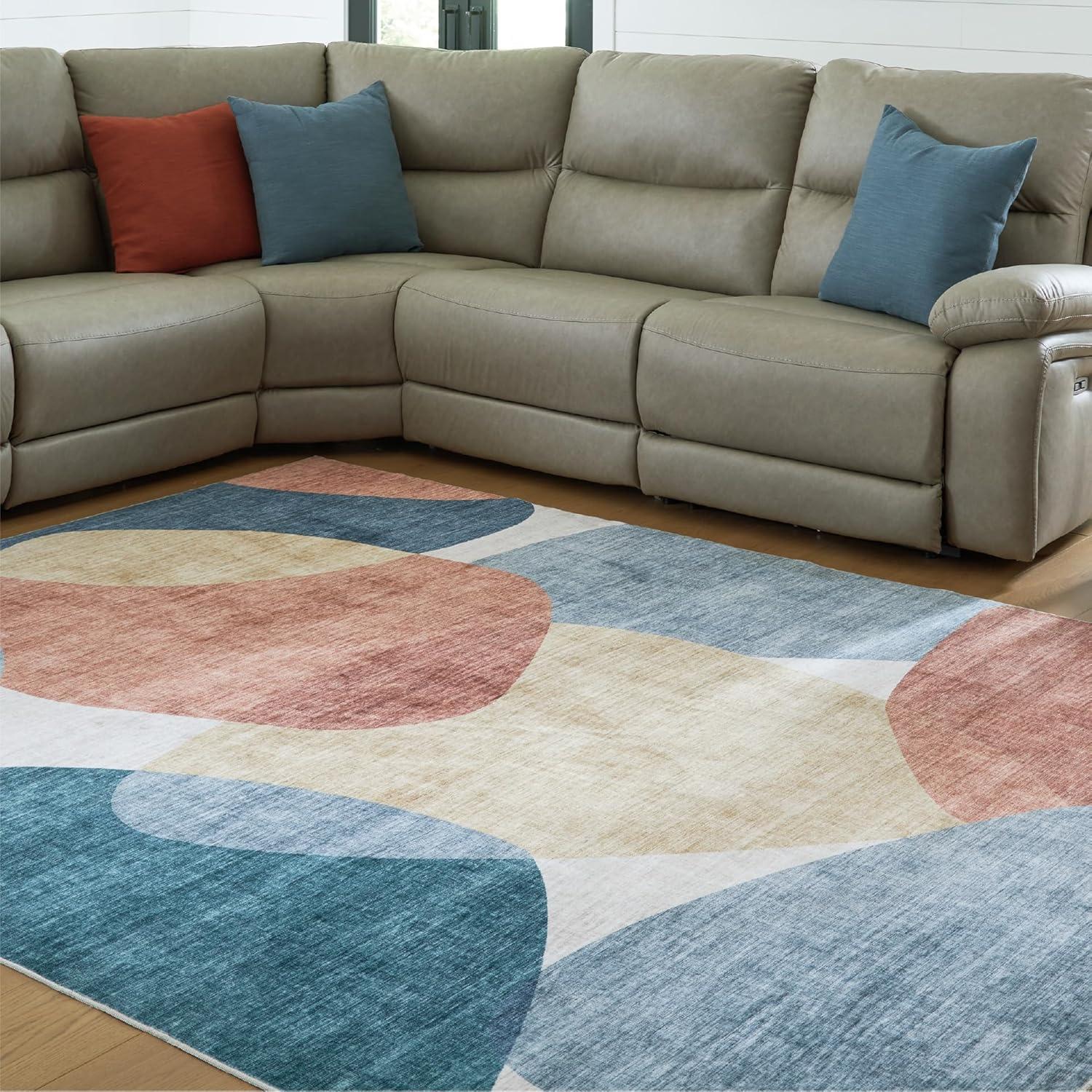 imageSignature Design by Ashley Farrendale MidCentury Modern Indoor Geometric Washable 8 x 10 Area Rug Blue ampamp RedCreamBlue