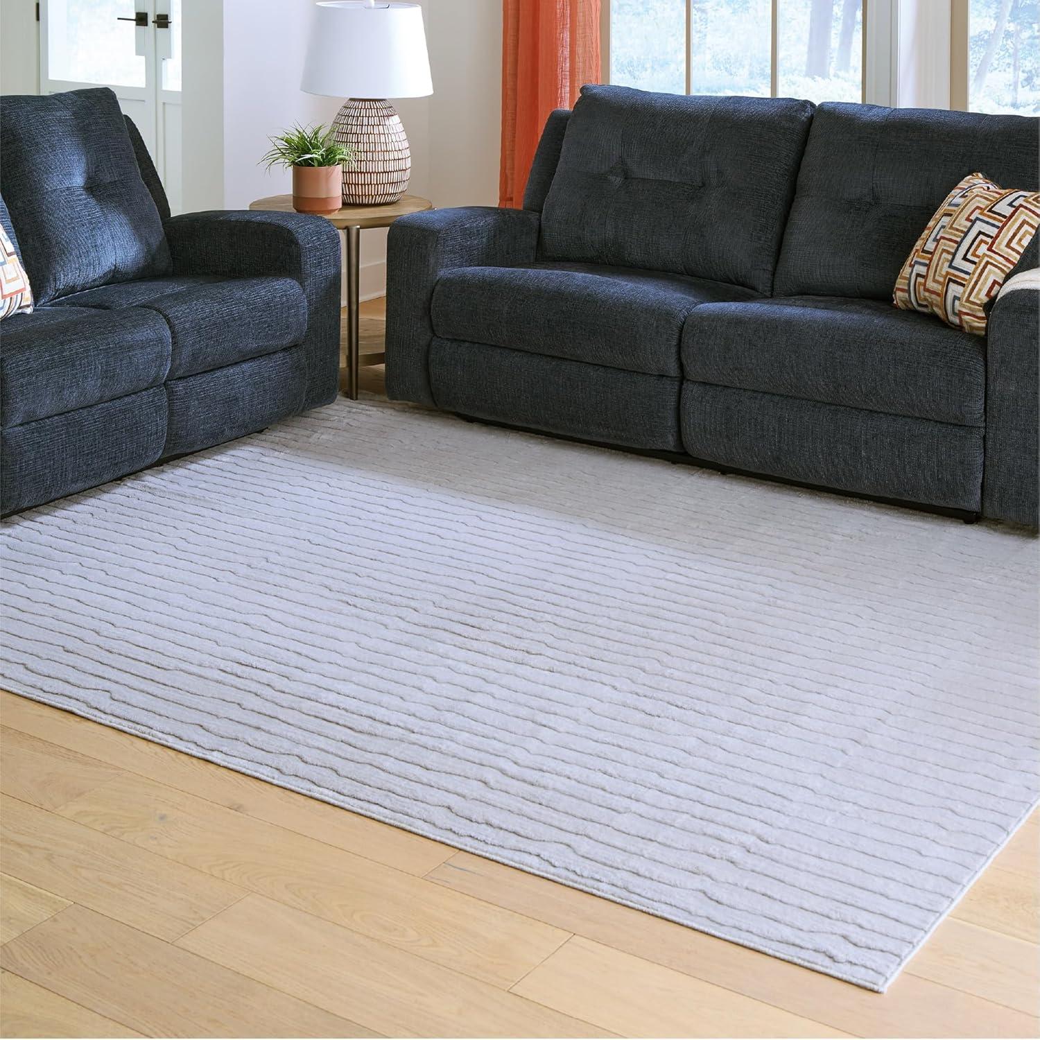 imageSignature Design by Ashley Farrendale MidCentury Modern Indoor Geometric Washable 8 x 10 Area Rug Blue ampamp RedGray Stripe