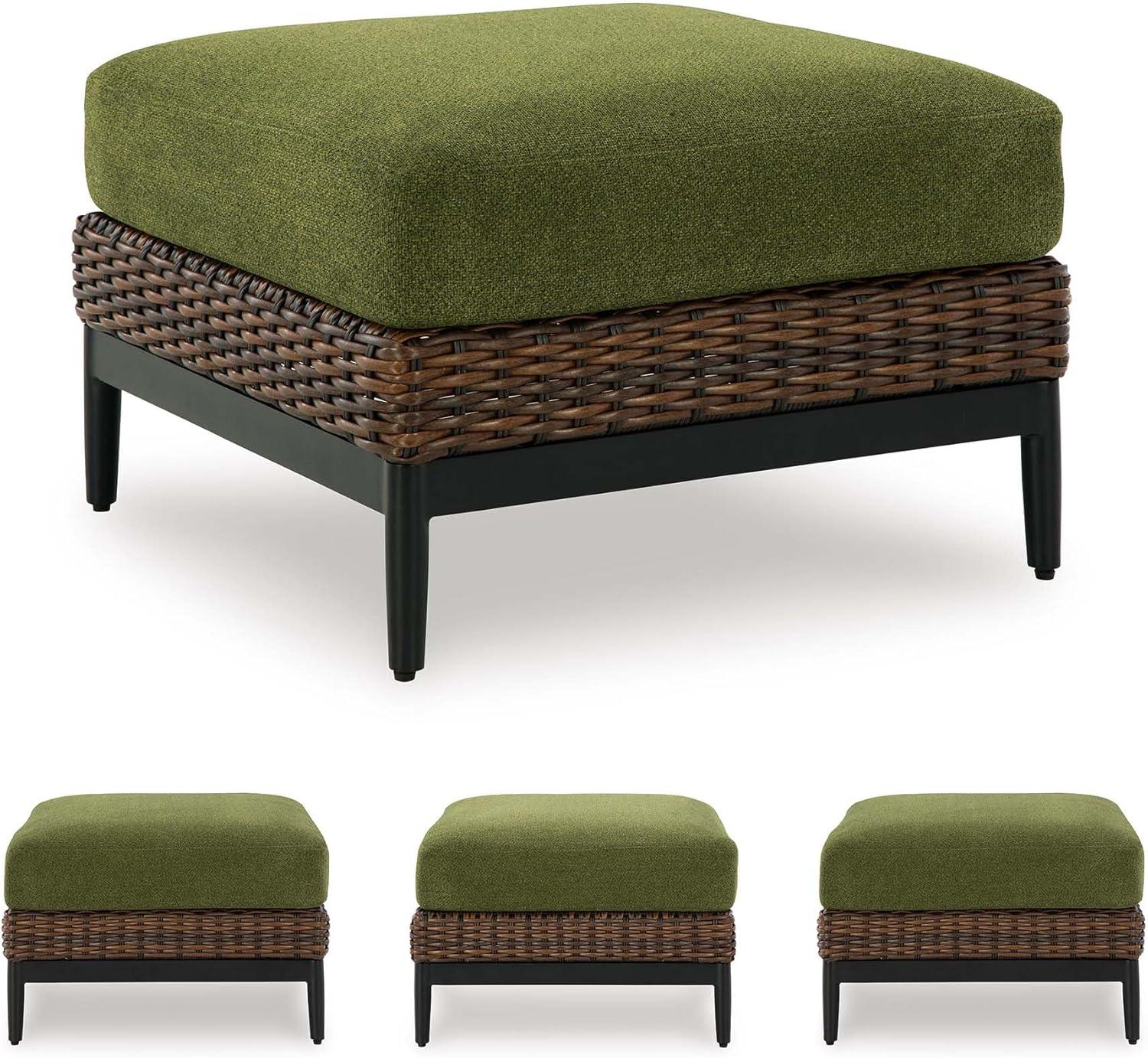 imageSignature Design by Ashley Horizon Hall Casual Nuvella Weather Resistant Fabric Square Outdoor Ottoman with Cushion Green ampamp Light Brown
