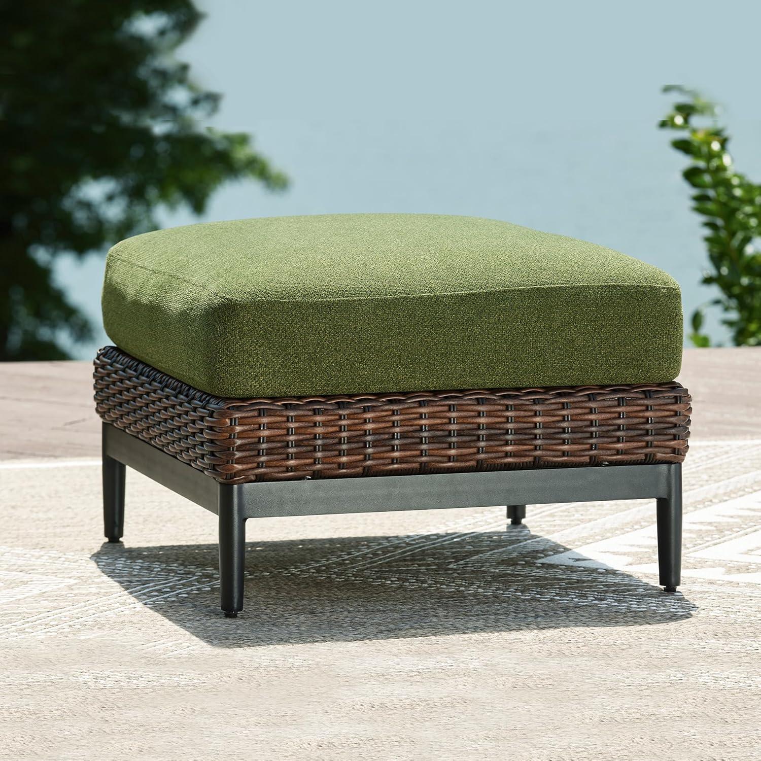 imageSignature Design by Ashley Horizon Hall Casual Nuvella Weather Resistant Fabric Square Outdoor Ottoman with Cushion Green ampamp Light Brown
