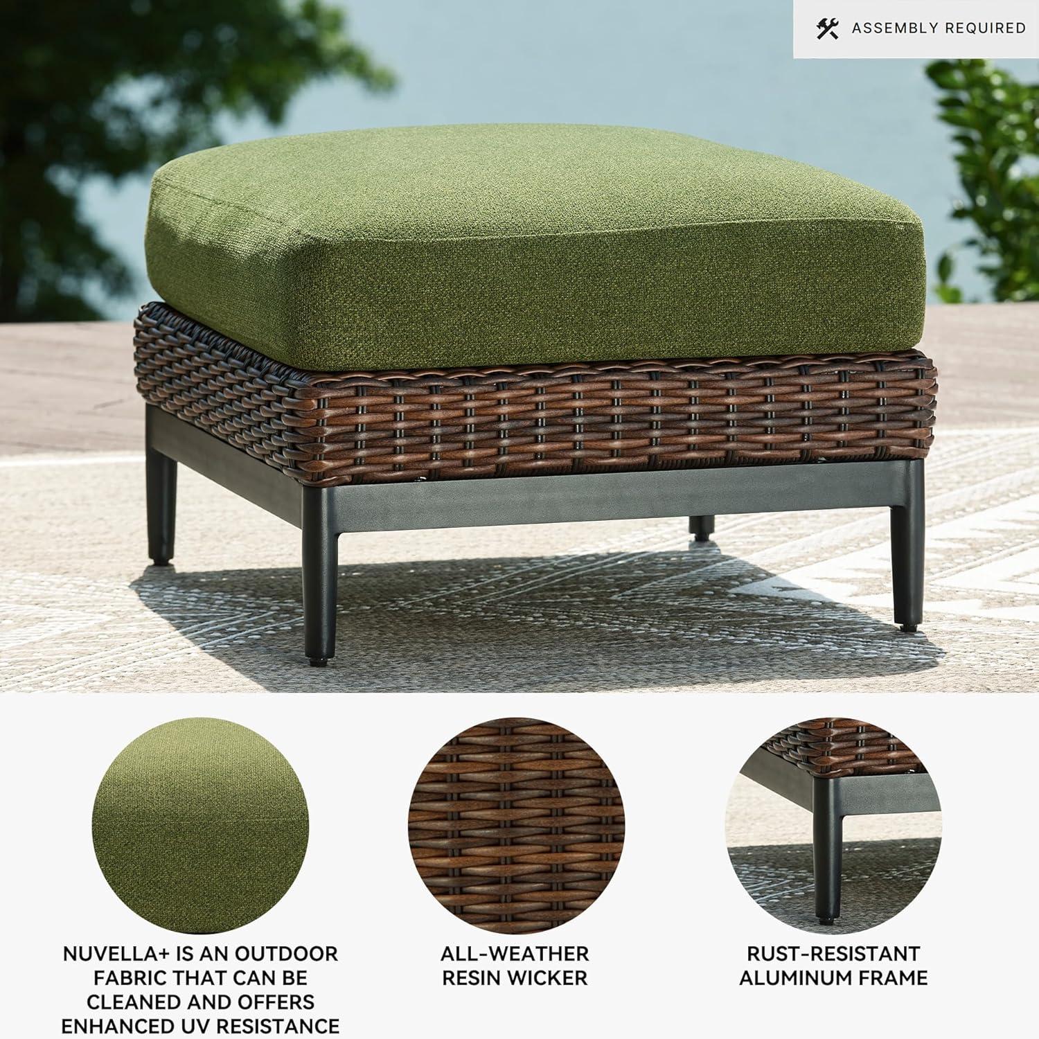 imageSignature Design by Ashley Horizon Hall Casual Nuvella Weather Resistant Fabric Square Outdoor Ottoman with Cushion Green ampamp Light Brown