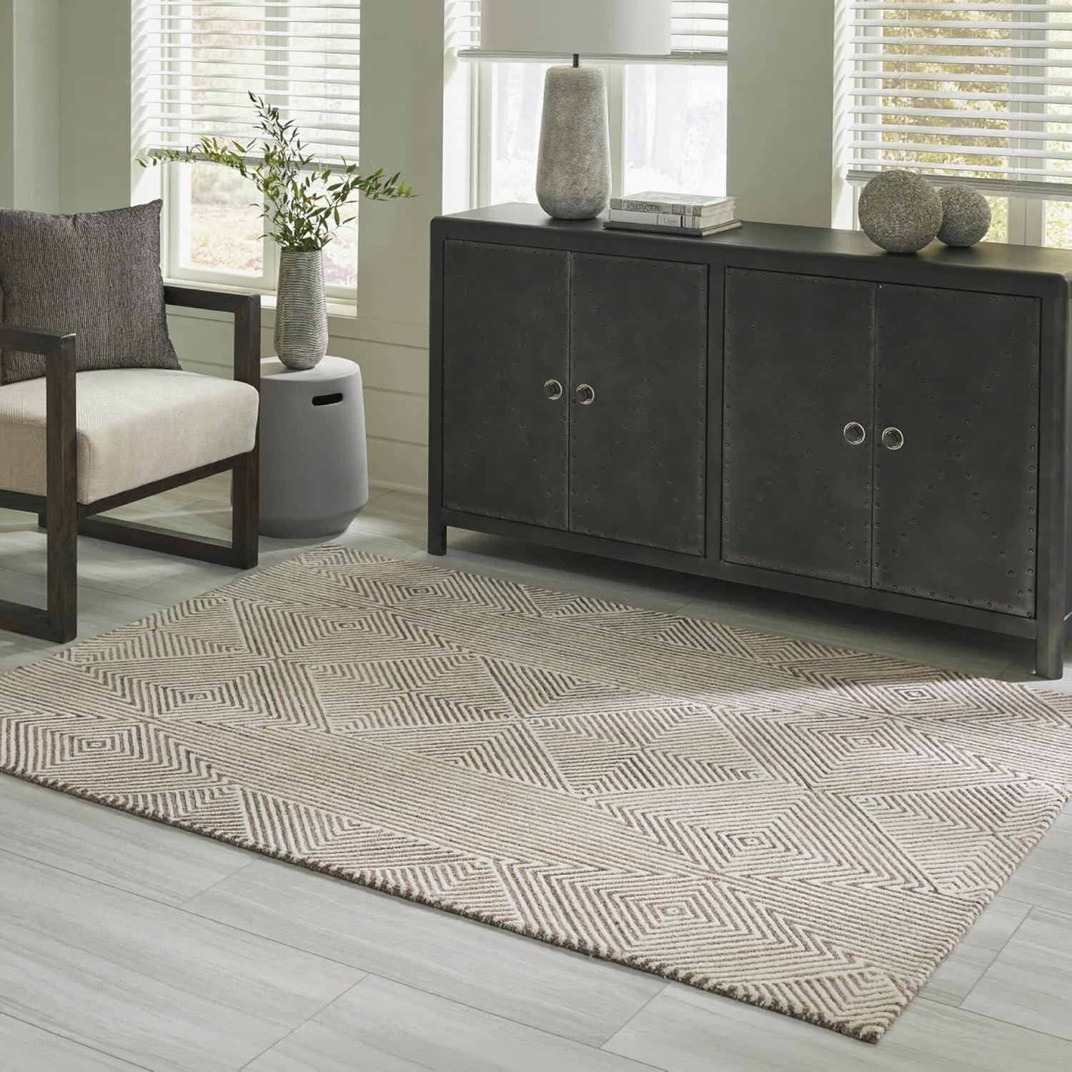 imageSignature Design by Ashley Jadott Casual Indoor Geometric Wool Blend Handmade 8 x 10 Large Rug Beige ampamp Light Brown52 x 71 Rectangular