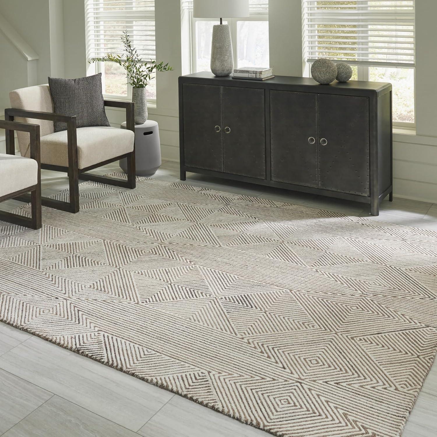 imageSignature Design by Ashley Jadott Casual Indoor Geometric Wool Blend Handmade 8 x 10 Large Rug Beige ampamp Light Brown77 x 910 Rectangular
