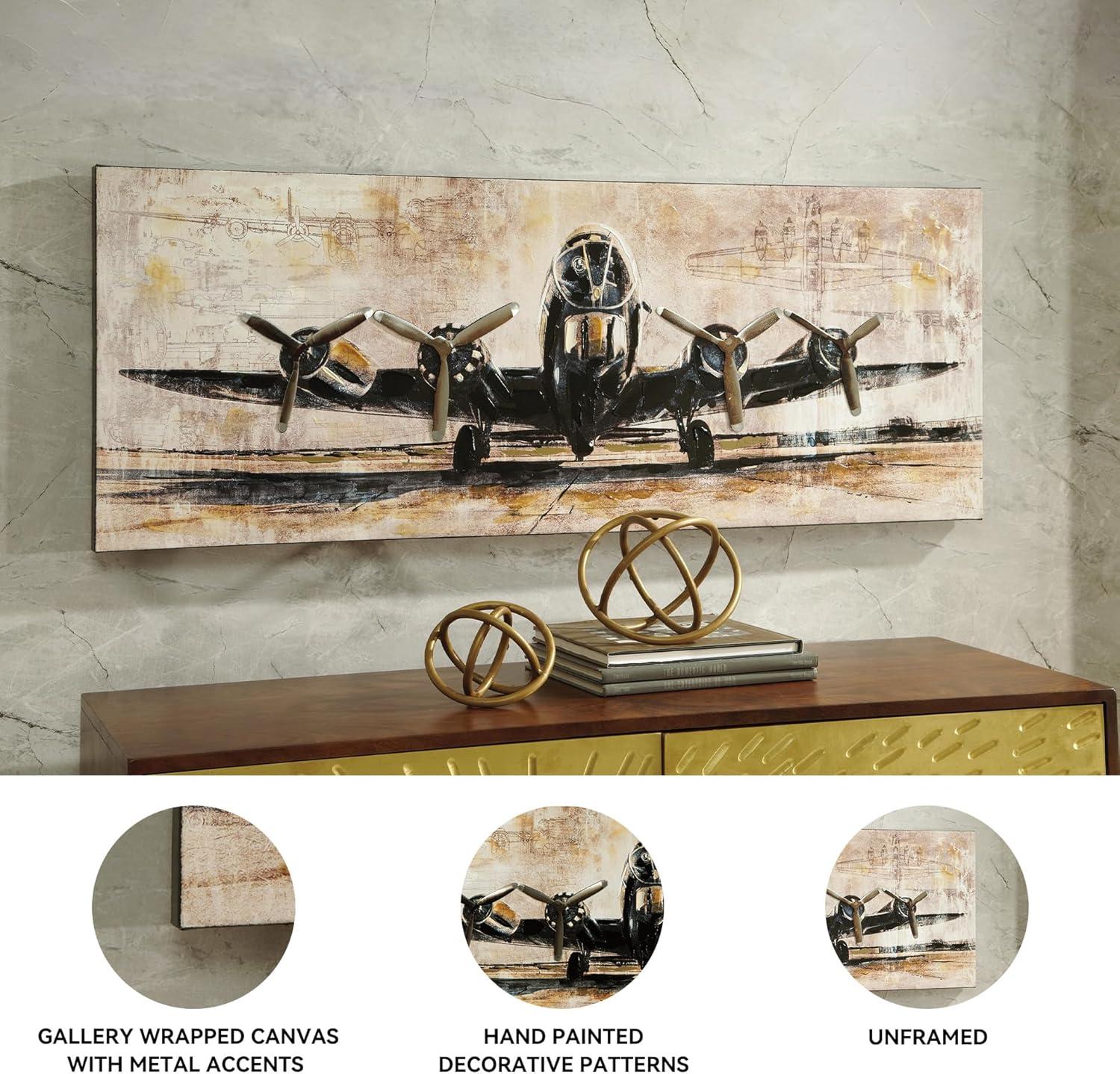 imageSignature Design by Ashley Kalene Vintage Hand Painted Airplane Canvas Wall Art 48 x 18 Brown and Black
