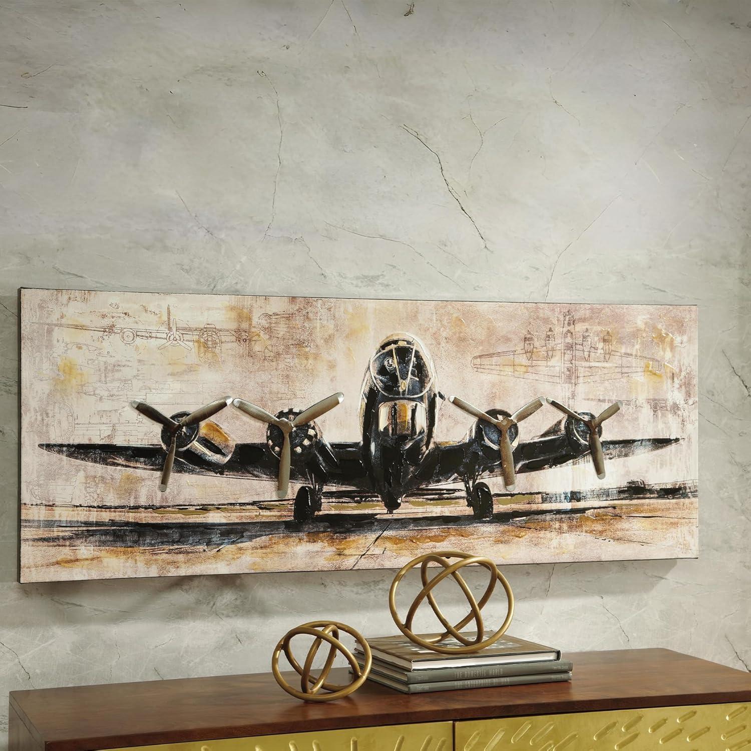 imageSignature Design by Ashley Kalene Vintage Hand Painted Airplane Canvas Wall Art 48 x 18 Brown and Black