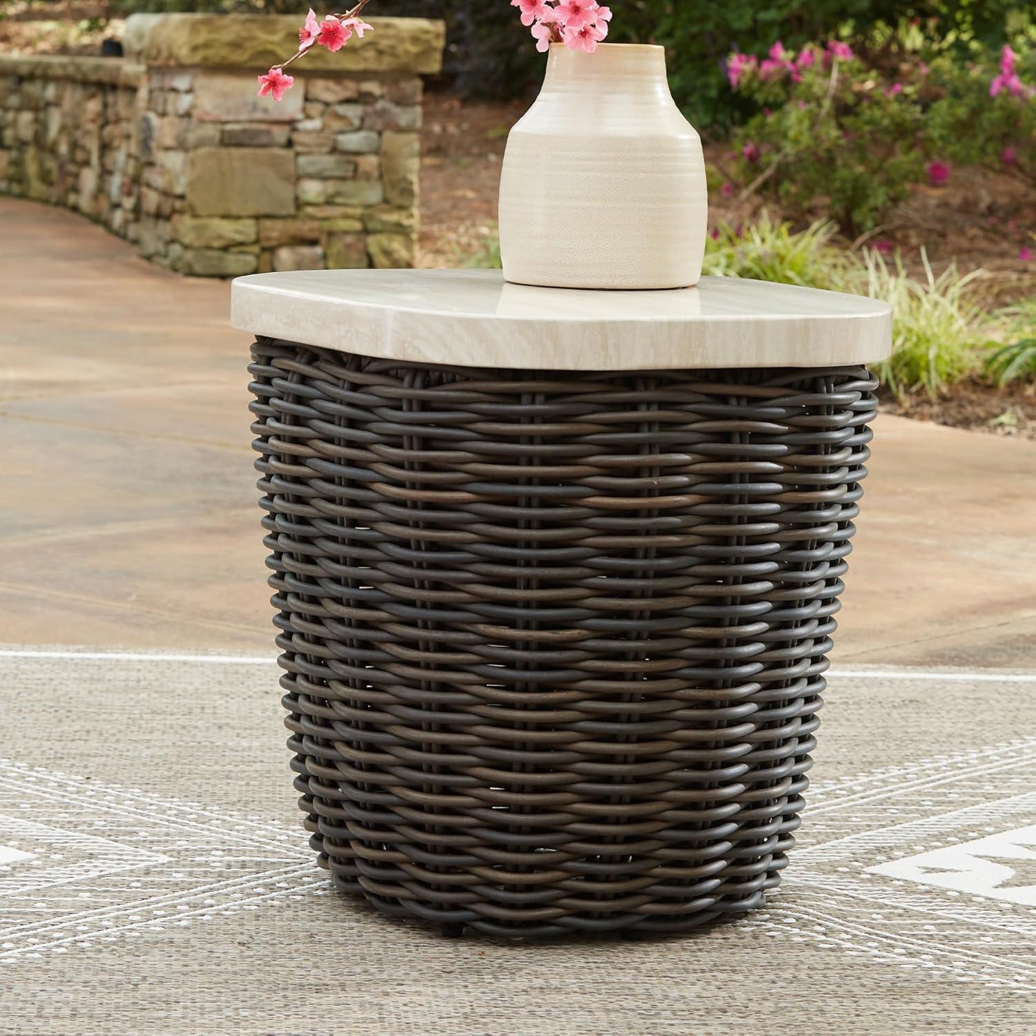 imageSignature Design by Ashley Kimora Cottage Faux Marble Pattern Tabletop Outdoor End Table with Pedestal Base Dark Brown ampamp Beige