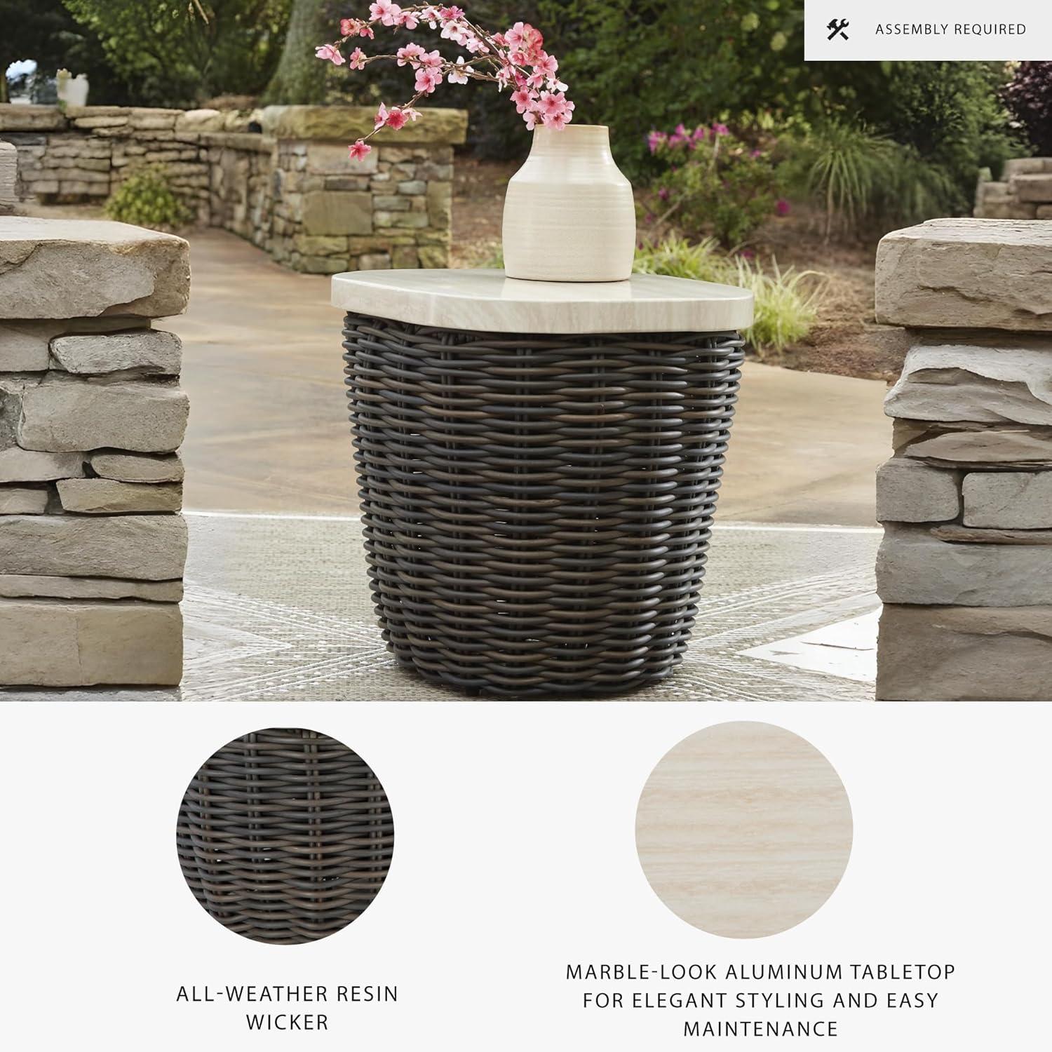 imageSignature Design by Ashley Kimora Cottage Faux Marble Pattern Tabletop Outdoor End Table with Pedestal Base Dark Brown ampamp Beige