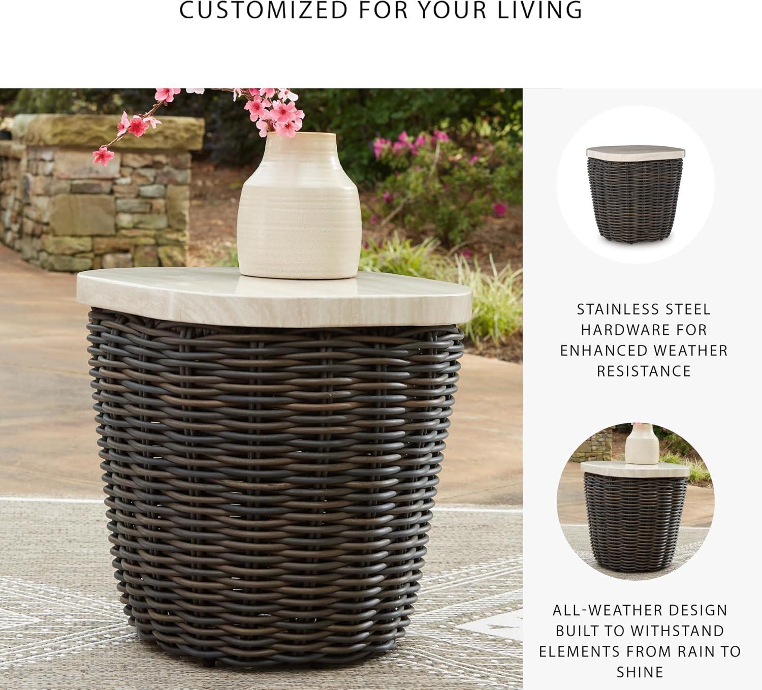 imageSignature Design by Ashley Kimora Cottage Faux Marble Pattern Tabletop Outdoor End Table with Pedestal Base Dark Brown ampamp Beige