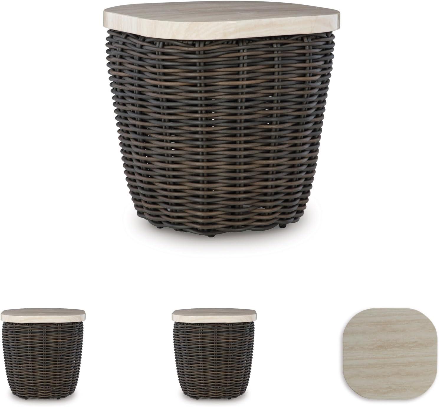 imageSignature Design by Ashley Kimora Cottage Faux Marble Pattern Tabletop Outdoor End Table with Pedestal Base Dark Brown ampamp Beige