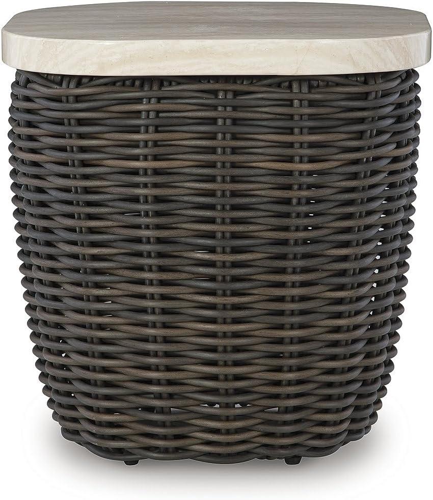 imageSignature Design by Ashley Kimora Cottage Faux Marble Pattern Tabletop Outdoor End Table with Pedestal Base Dark Brown ampamp Beige
