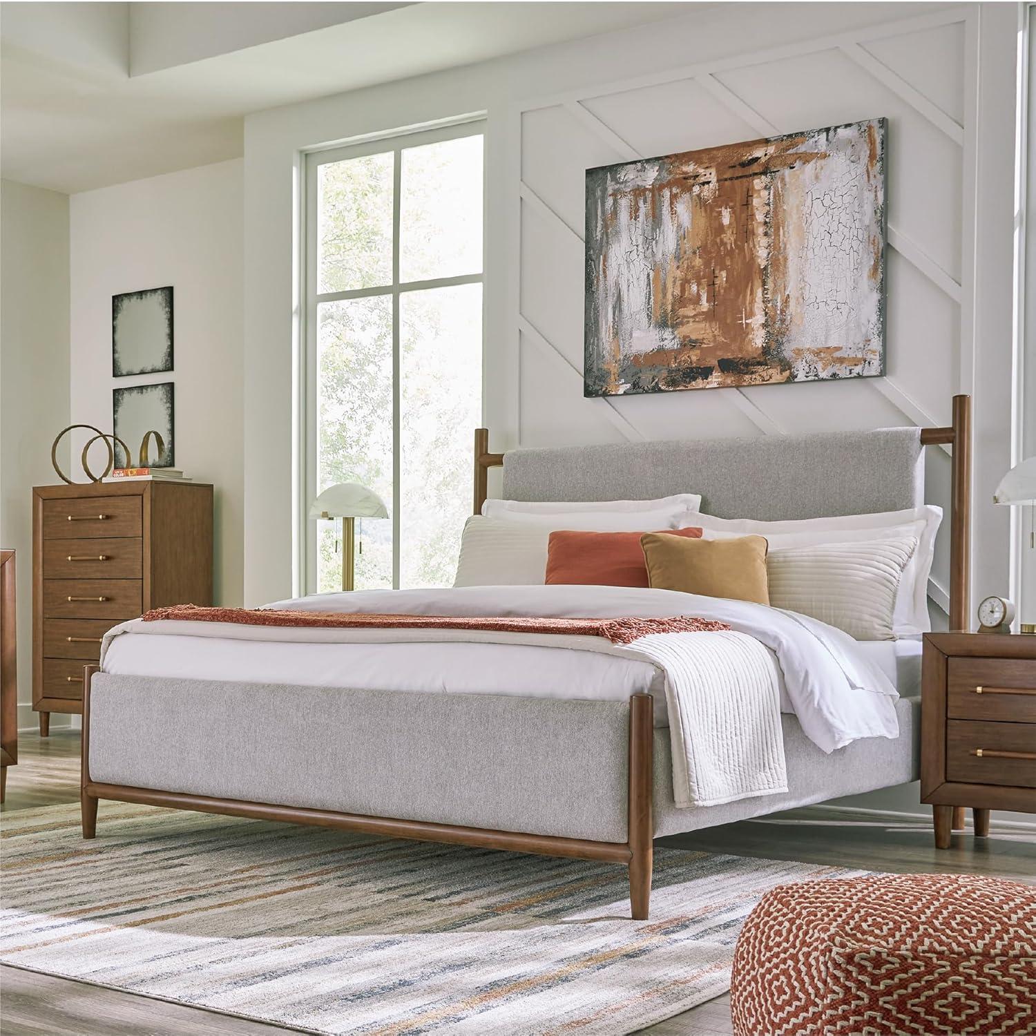 imageSignature Design by Ashley Lyncott Casual King Upholstered Bed Foundation or Box Spring Needed Light Gray ampamp Light BrownQueen
