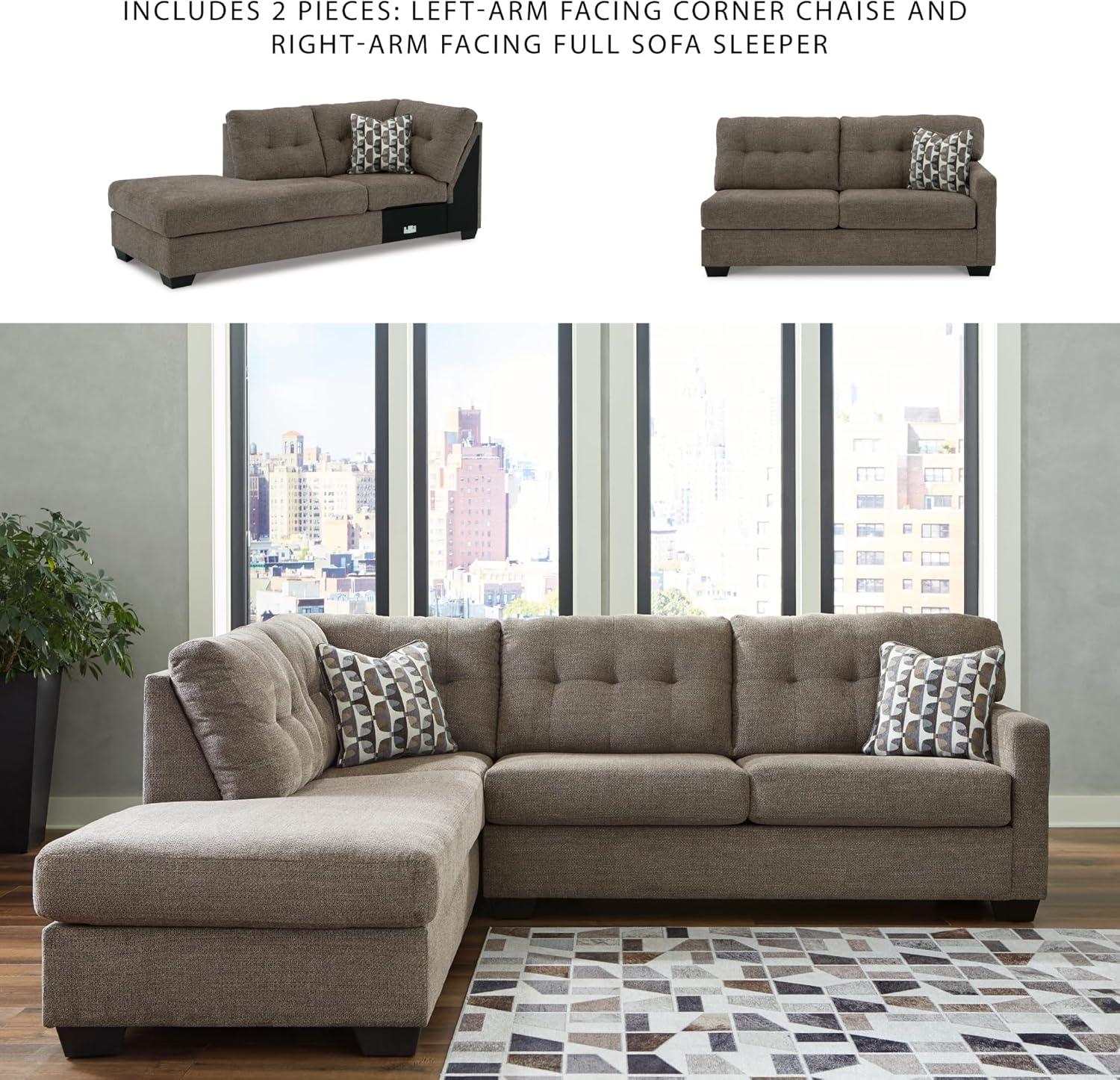 imageSignature Design by Ashley Mahoney Casual LShaped Tufted 2Piece Sectional with Chaise Loose Seat Cushions and 2 Accent Pillows BeigeBrown