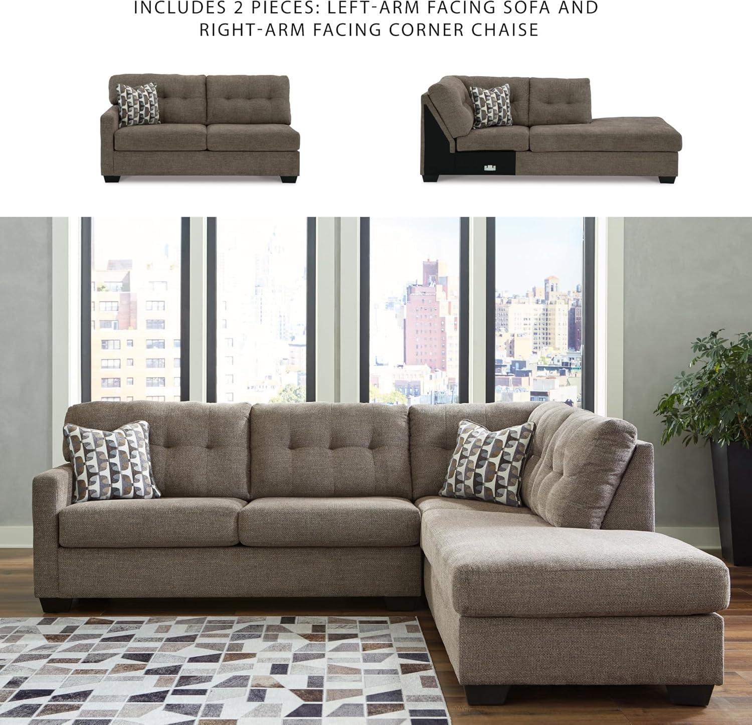 imageSignature Design by Ashley Mahoney Casual LShaped Tufted 2Piece Sectional with Chaise Loose Seat Cushions and 2 Accent Pillows BeigeBrown
