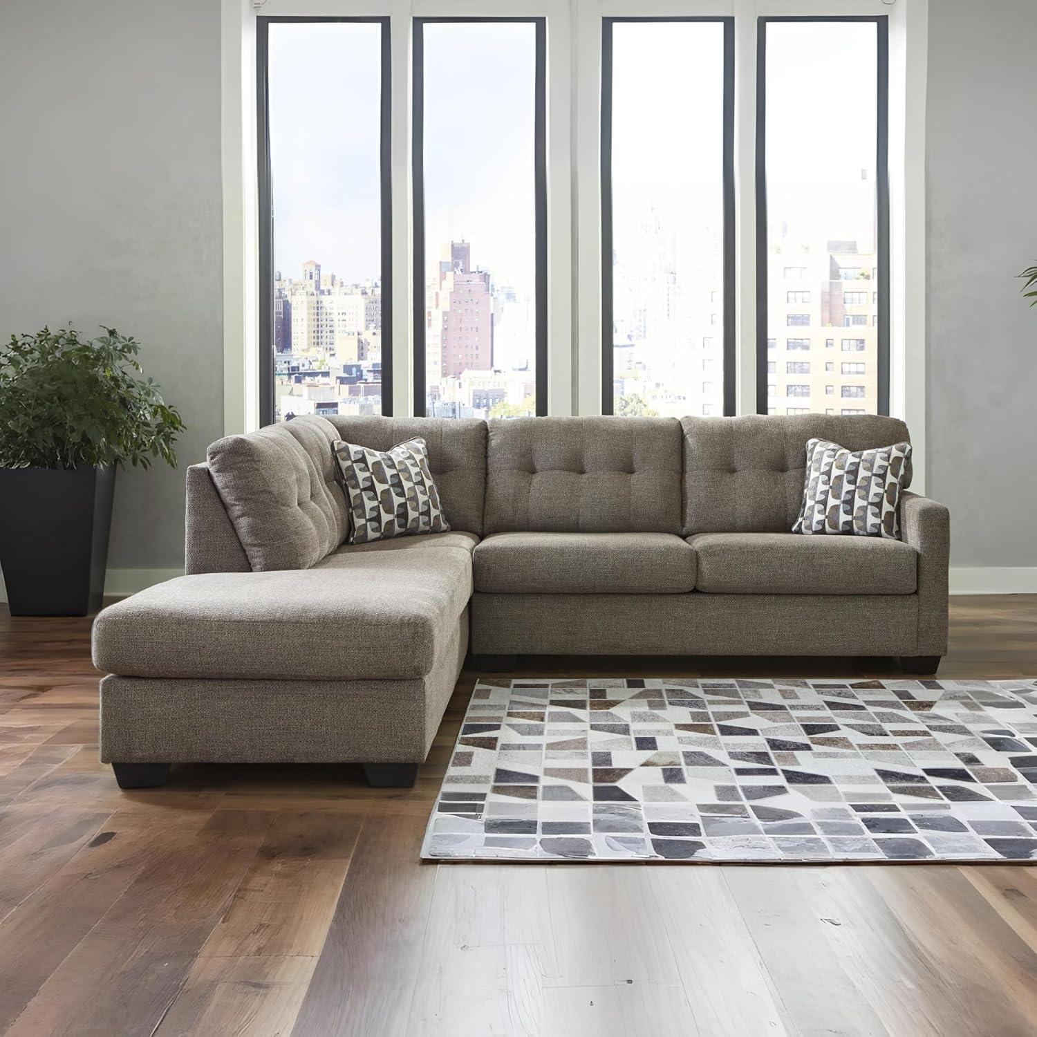 imageSignature Design by Ashley Mahoney Casual LShaped Tufted 2Piece Sectional with Chaise Loose Seat Cushions and 2 Accent Pillows BeigeBrown