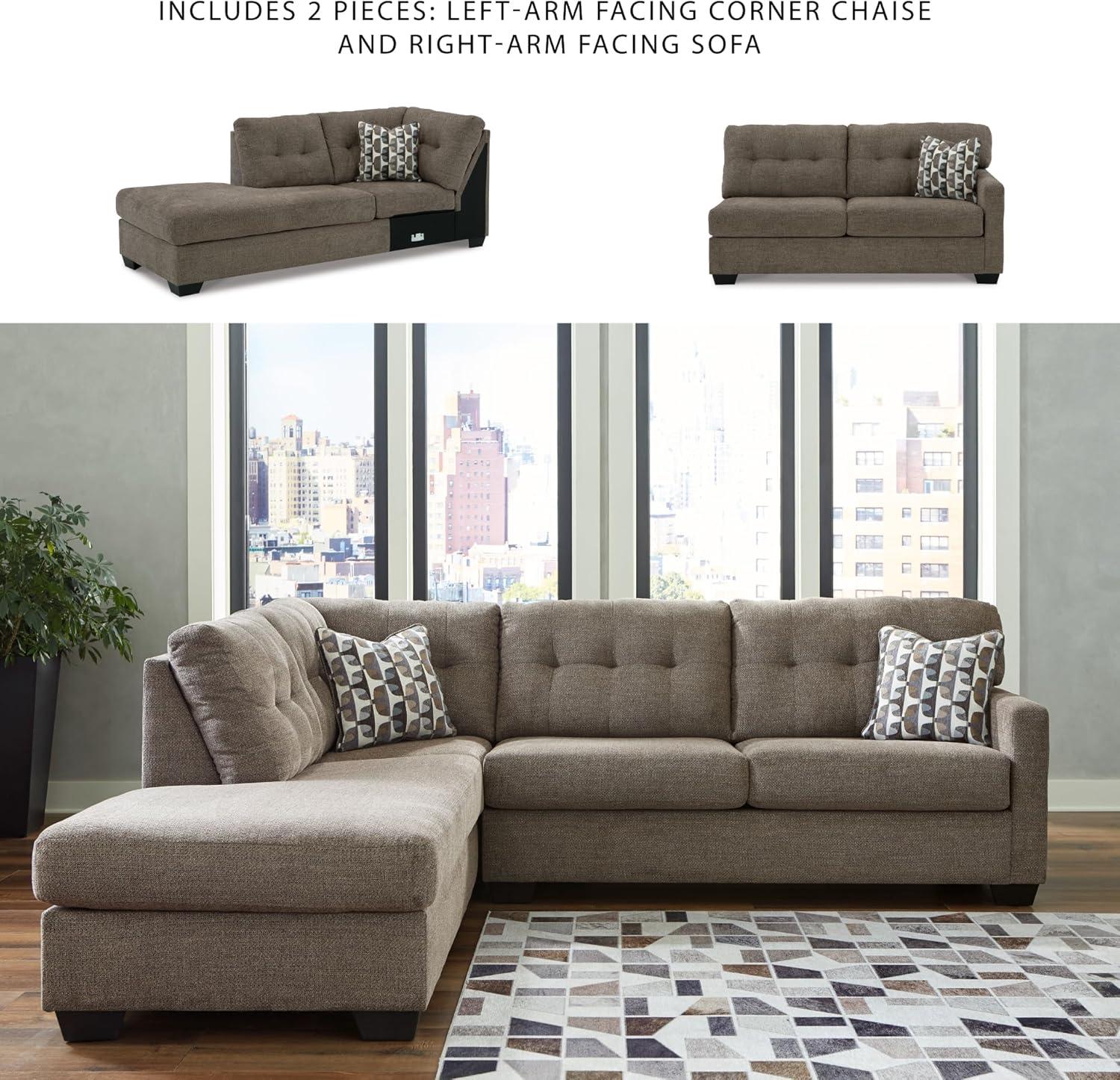 imageSignature Design by Ashley Mahoney Casual LShaped Tufted 2Piece Sectional with Chaise Loose Seat Cushions and 2 Accent Pillows BeigeBrown