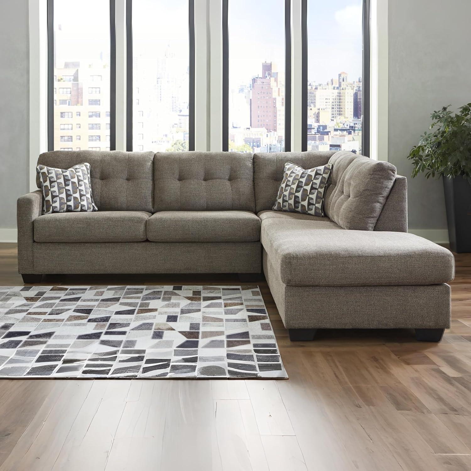 imageSignature Design by Ashley Mahoney Casual LShaped Tufted 2Piece Sectional with Chaise Loose Seat Cushions and 2 Accent Pillows BeigeBrown