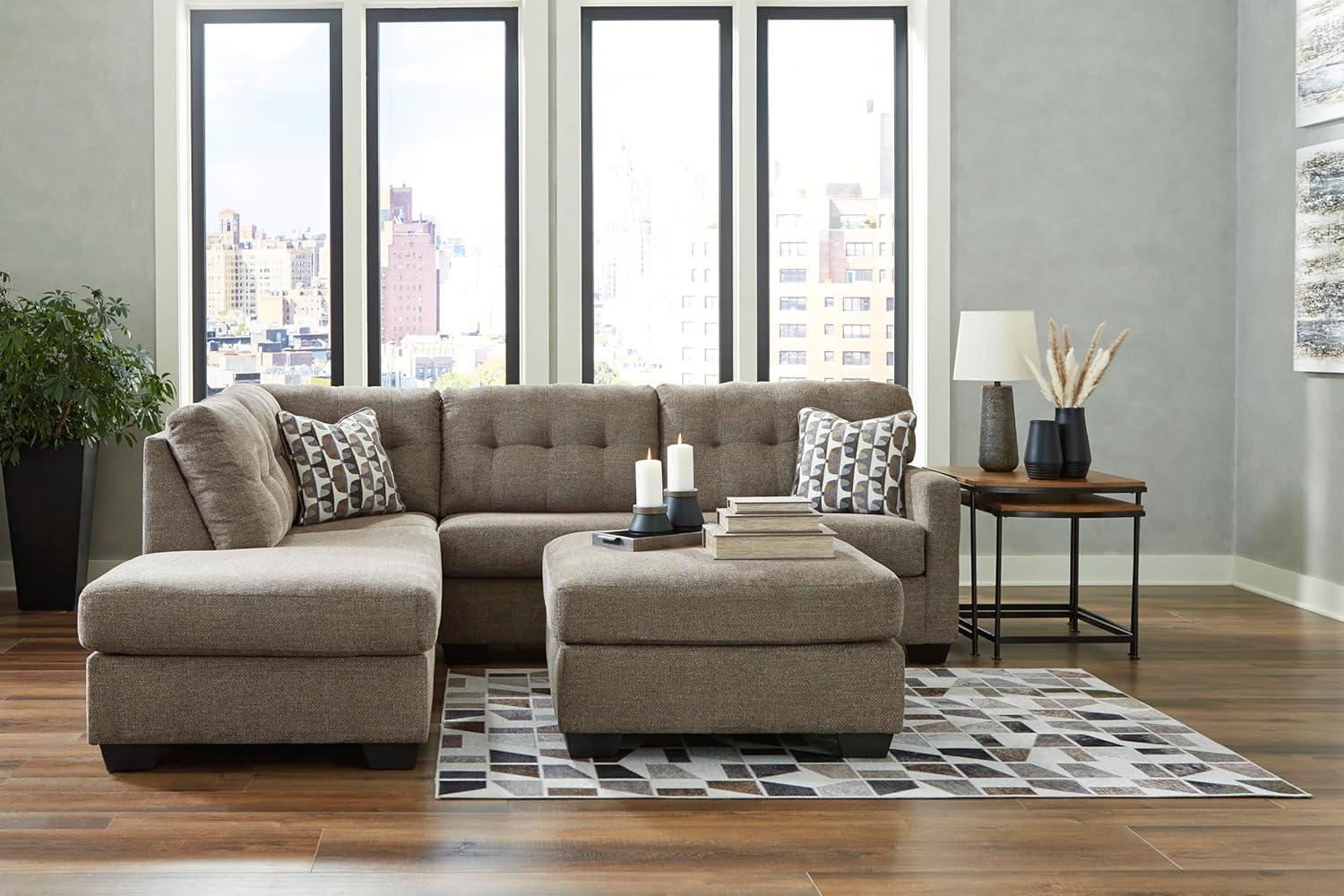 imageSignature Design by Ashley Mahoney Casual LShaped Tufted 2Piece Sectional with Chaise Loose Seat Cushions and 2 Accent Pillows BeigeBrown