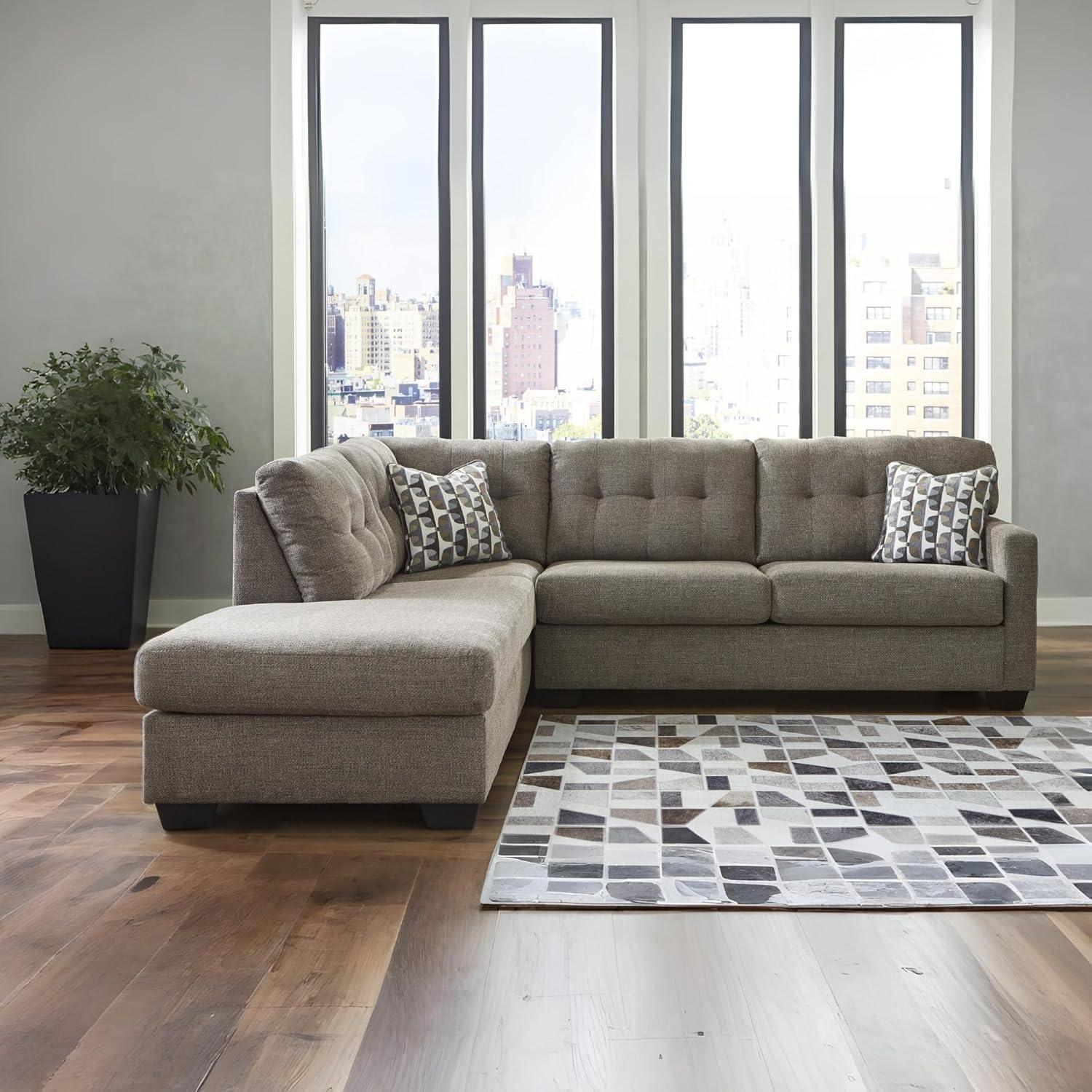 imageSignature Design by Ashley Mahoney Casual LShaped Tufted 2Piece Sectional with Chaise Loose Seat Cushions and 2 Accent Pillows BeigeBrown