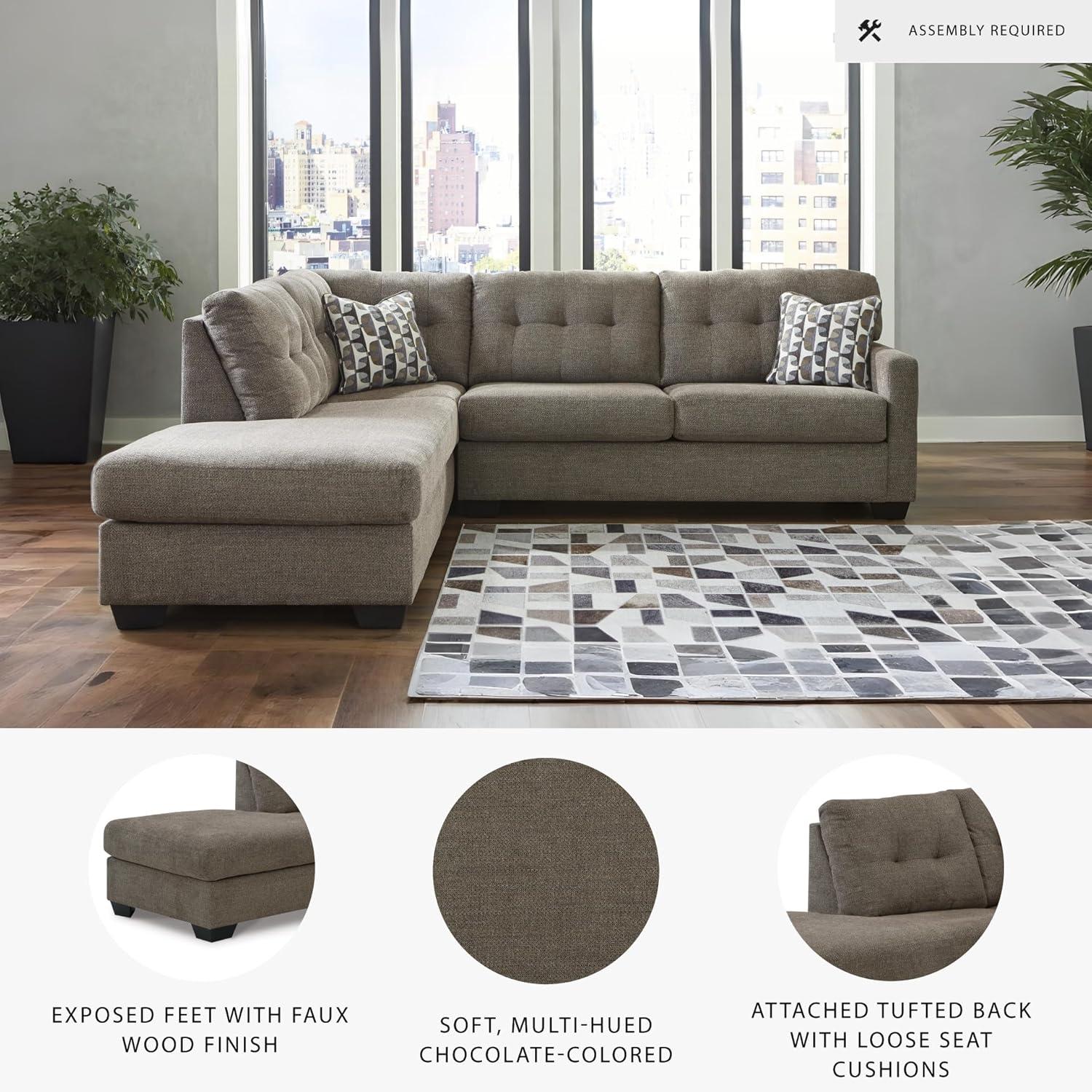 imageSignature Design by Ashley Mahoney Casual LShaped Tufted 2Piece Sectional with Chaise Loose Seat Cushions and 2 Accent Pillows BeigeBrown