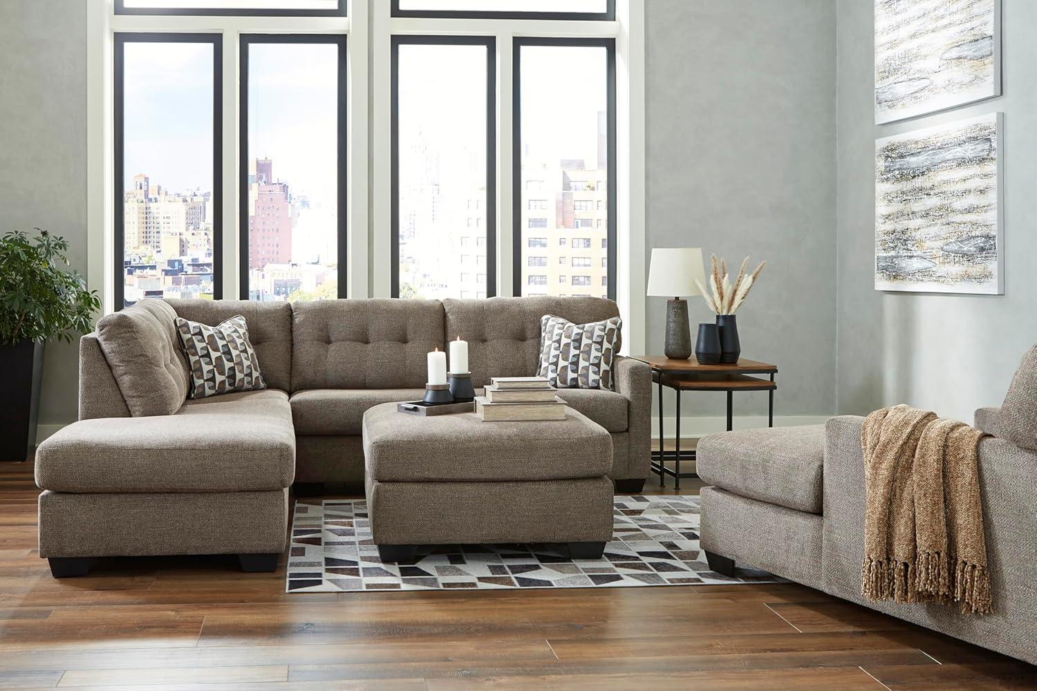 imageSignature Design by Ashley Mahoney Casual LShaped Tufted 2Piece Sectional with Chaise Loose Seat Cushions and 2 Accent Pillows BeigeBrown