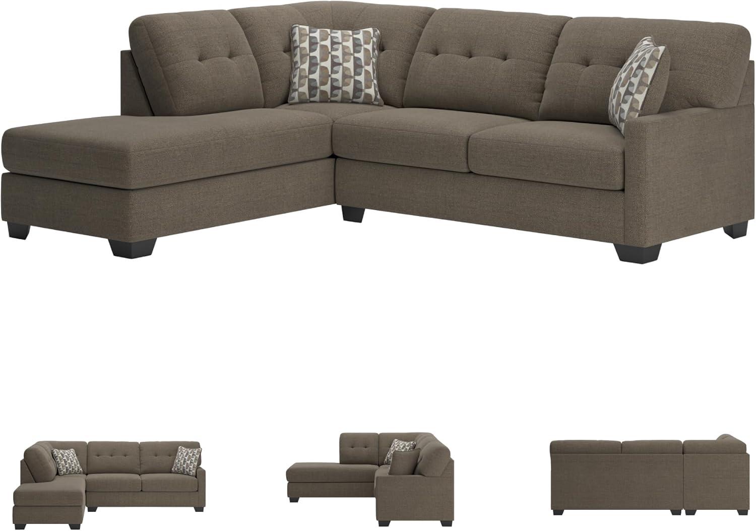 imageSignature Design by Ashley Mahoney Casual LShaped Tufted 2Piece Sectional with Chaise Loose Seat Cushions and 2 Accent Pillows BeigeBrown