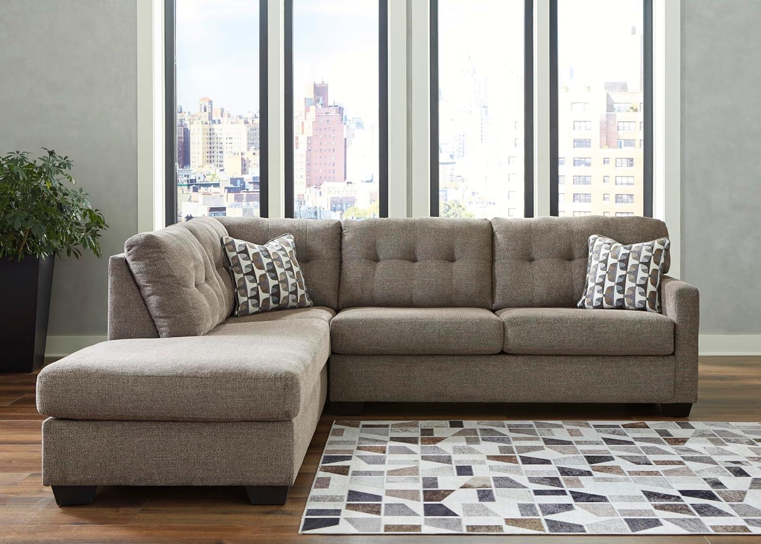 imageSignature Design by Ashley Mahoney Casual LShaped Tufted 2Piece Sectional with Chaise Loose Seat Cushions and 2 Accent Pillows BeigeBrown