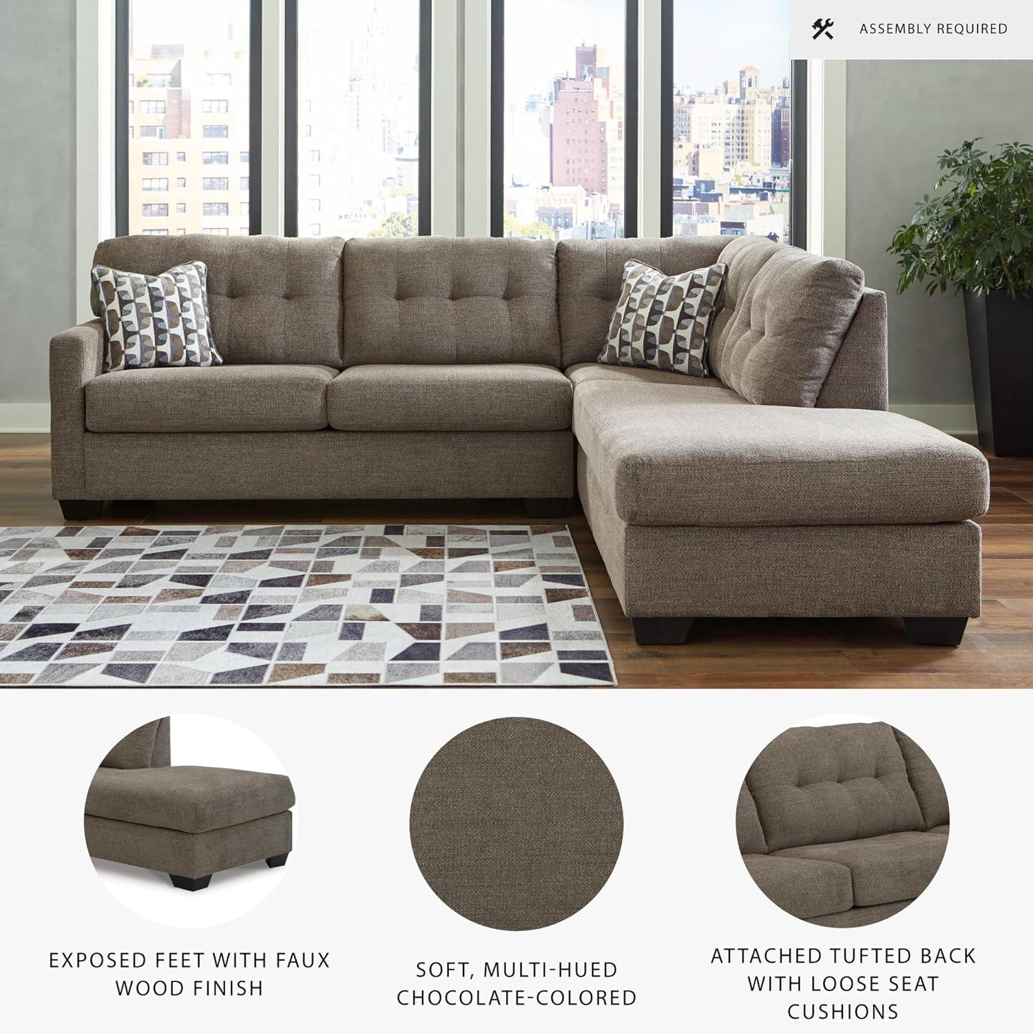 imageSignature Design by Ashley Mahoney Casual LShaped Tufted 2Piece Sectional with Chaise Loose Seat Cushions and 2 Accent Pillows BeigeBrown