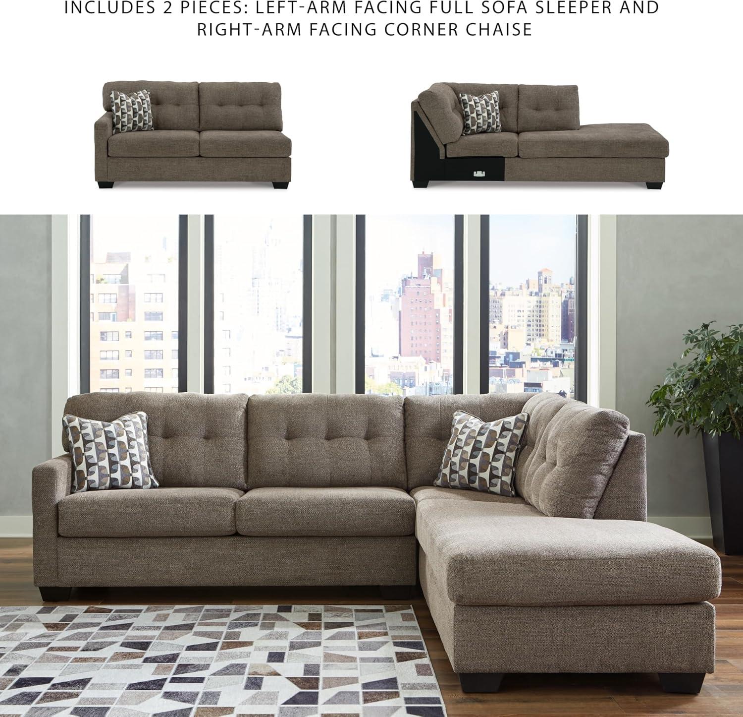 imageSignature Design by Ashley Mahoney Casual LShaped Tufted 2Piece Sectional with Chaise Loose Seat Cushions and 2 Accent Pillows BeigeBrown