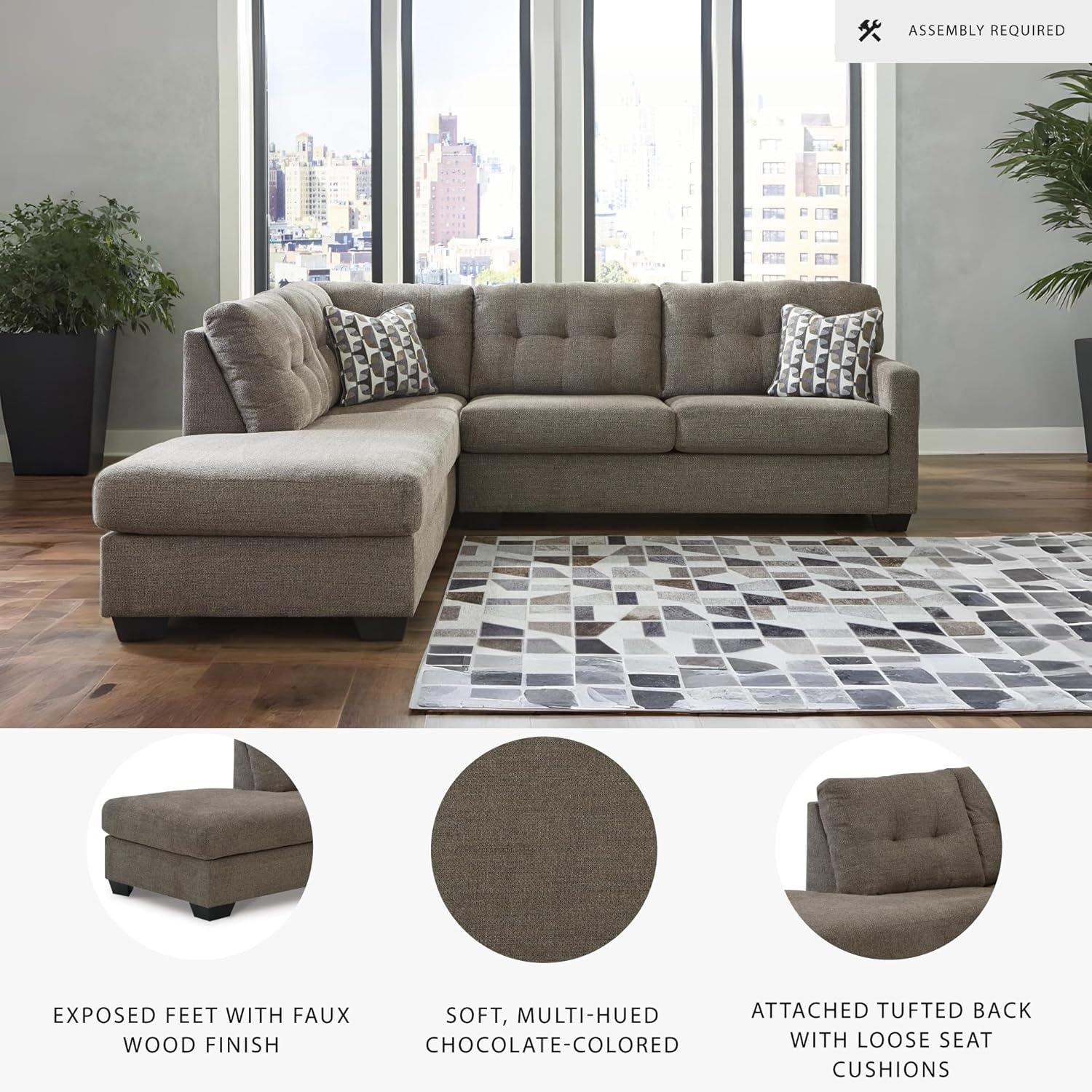 imageSignature Design by Ashley Mahoney Casual LShaped Tufted 2Piece Sectional with Chaise Loose Seat Cushions and 2 Accent Pillows BeigeBrown