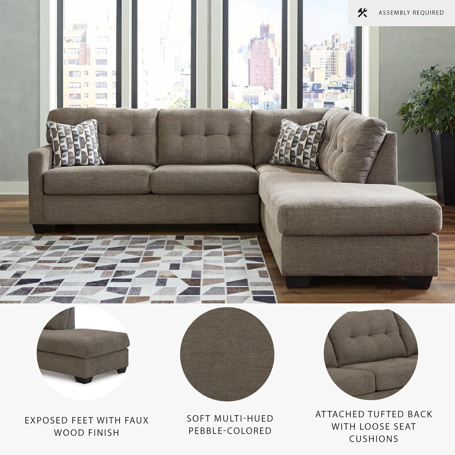 imageSignature Design by Ashley Mahoney Casual LShaped Tufted 2Piece Sectional with Chaise Loose Seat Cushions and 2 Accent Pillows BeigeBrown