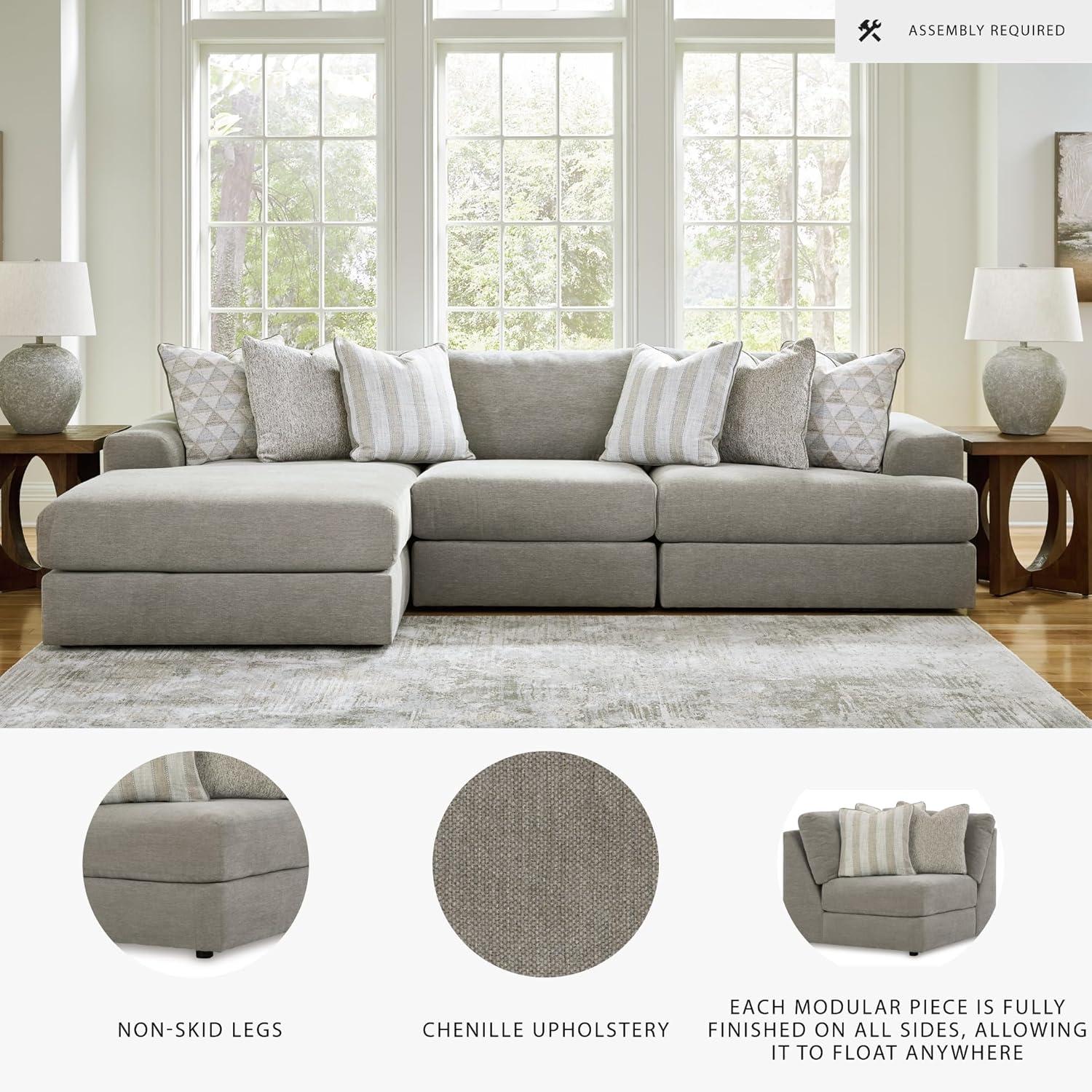 imageSignature Design by Ashley Mahoney Casual LShaped Tufted 2Piece Sectional with Chaise Loose Seat Cushions and 2 Accent Pillows BeigeGrey