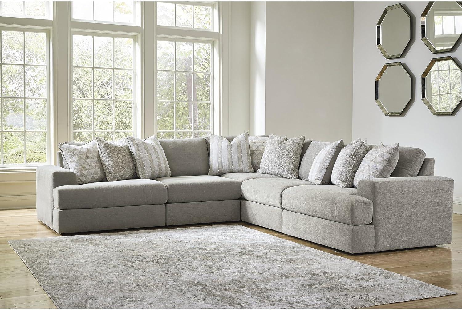 imageSignature Design by Ashley Mahoney Casual LShaped Tufted 2Piece Sectional with Chaise Loose Seat Cushions and 2 Accent Pillows BeigeGrey